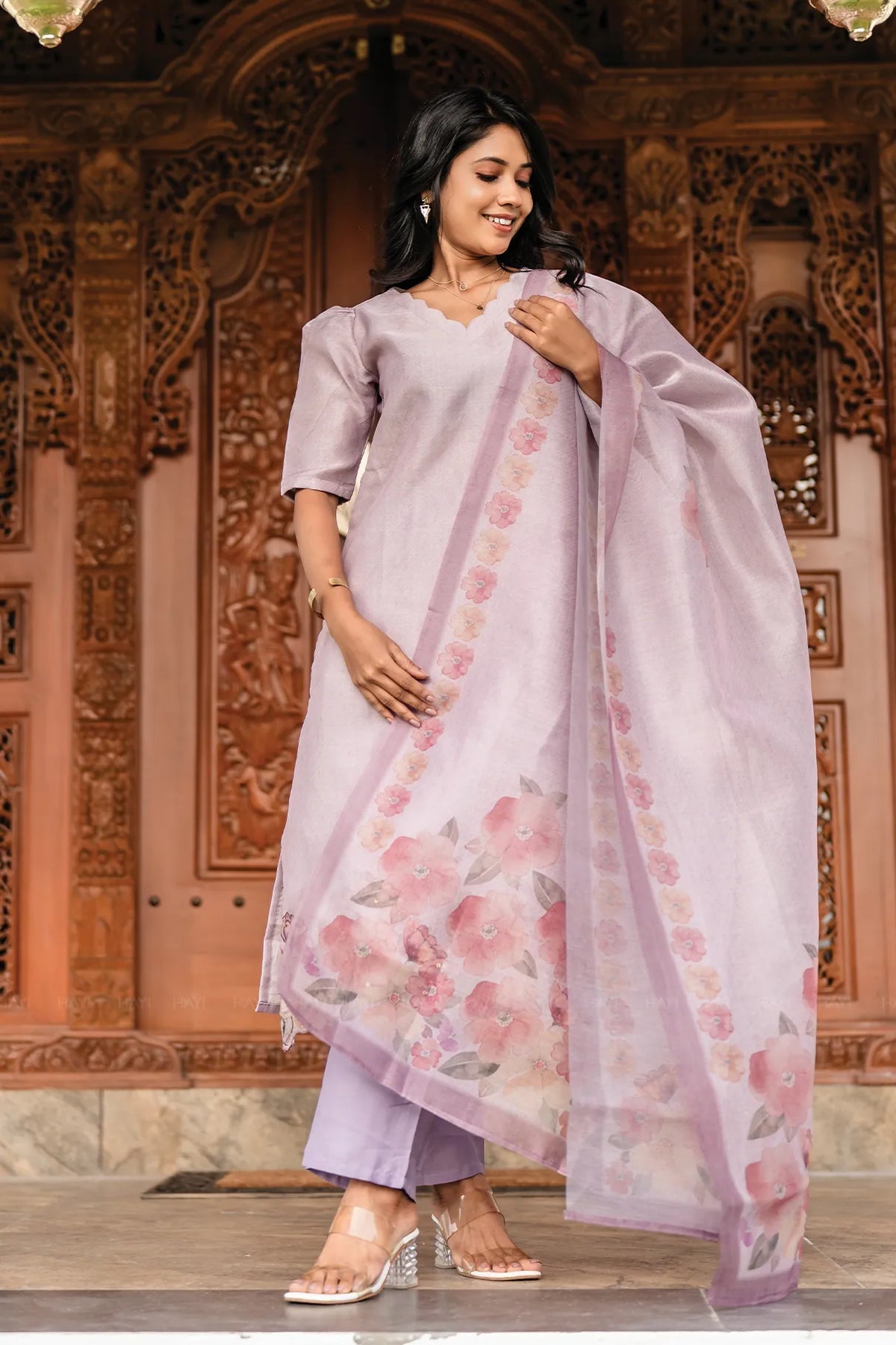 Lilac Blossom 3 Piece Crush Silk Blend Hand-Embroidered Kurta with Pant &amp; Dupatta