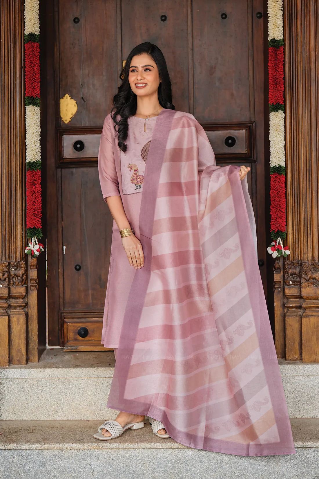 Thogai Dusky Pink 3 Piece Silk Blend Embroidery Kurta with Pant &amp; Dupatta