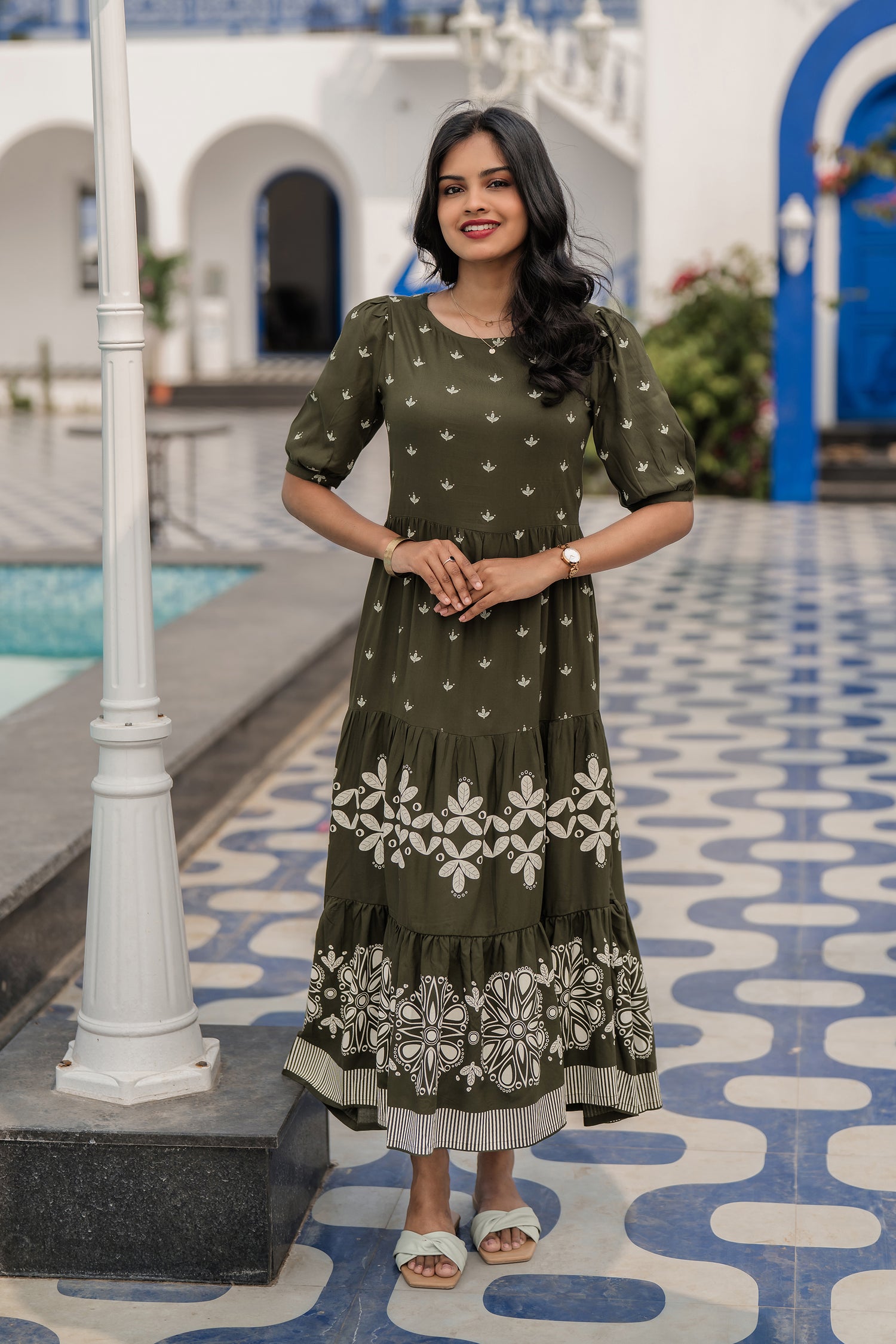 Vriksha Bloom Green Viscose Dress with Boat Neck &amp; Puff Sleeves