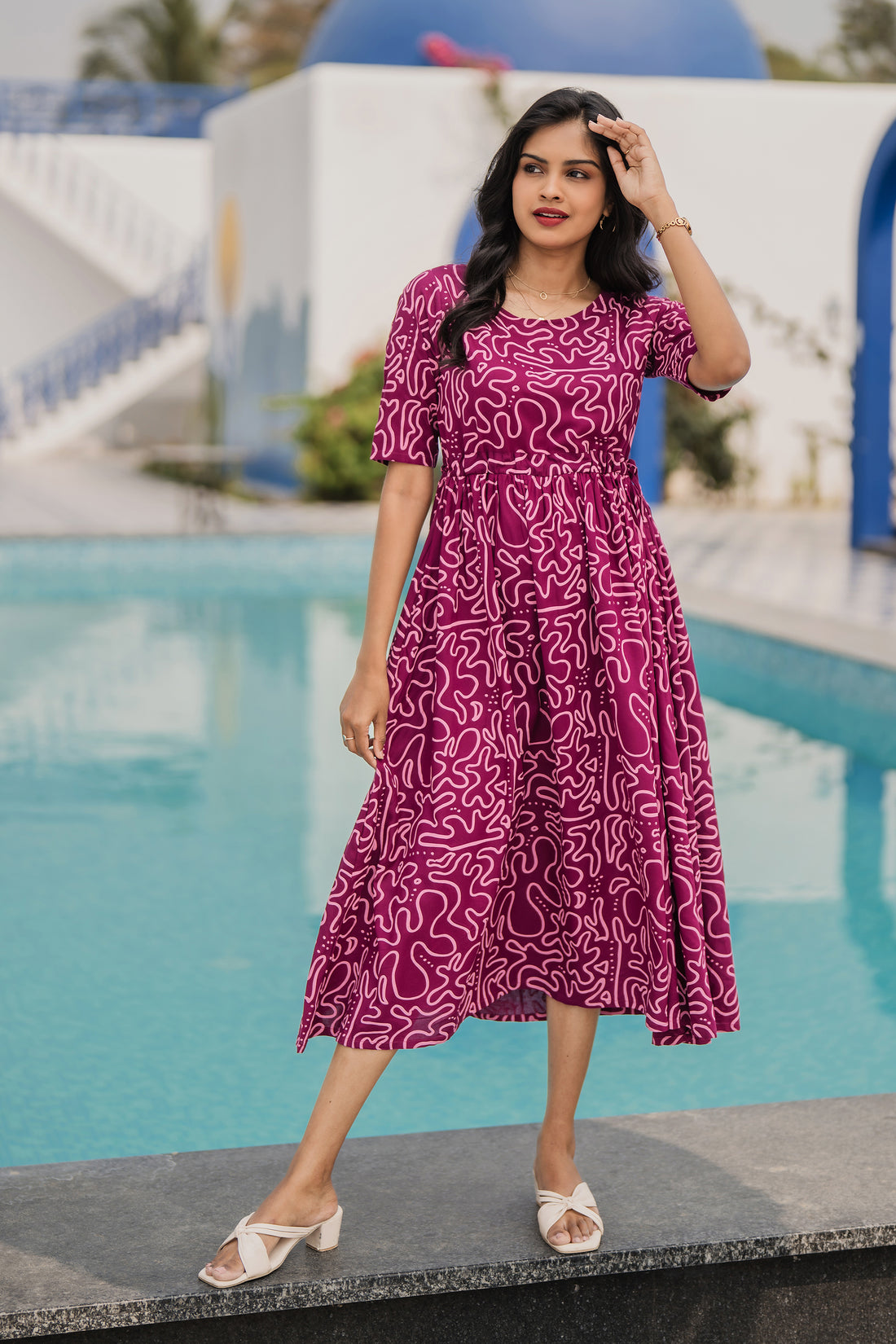 Tonal Wave Violet Viscose Dress with Round Neck &amp; Elbow Sleeves