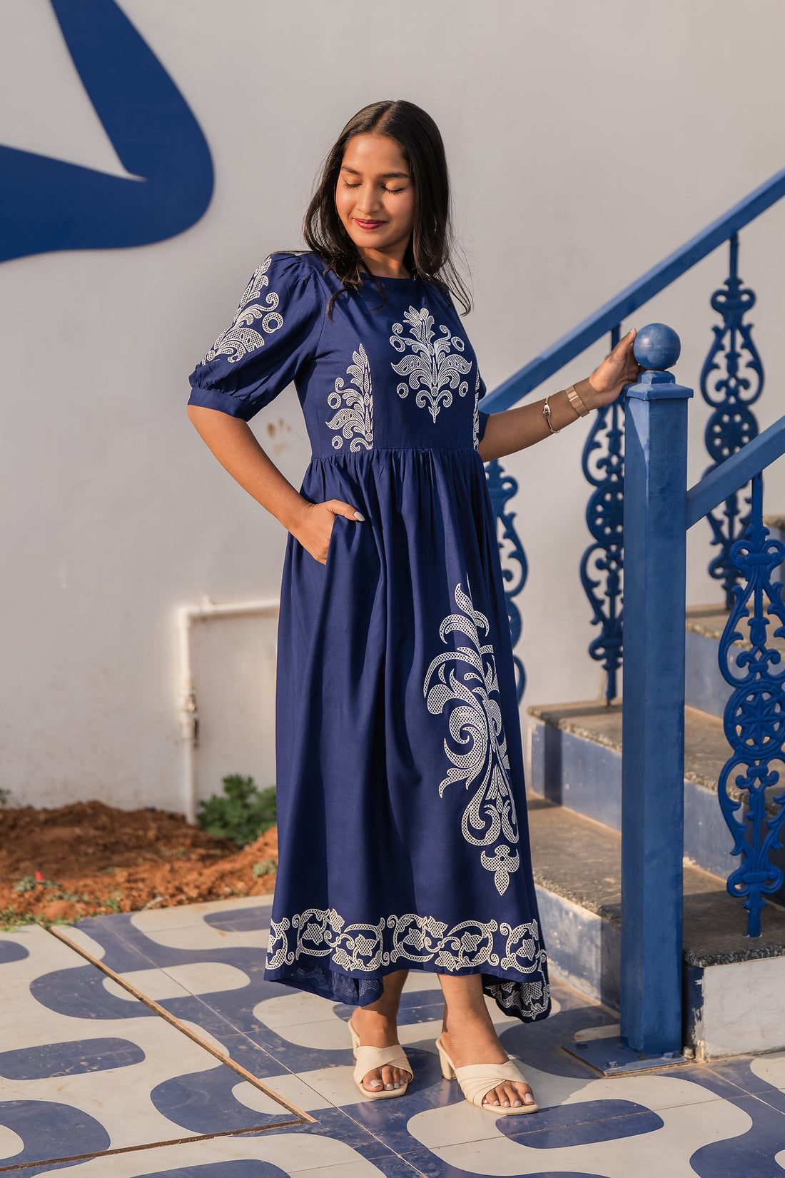 Ornate Panel Blue Viscose Dress with Boat Neck &amp; Puff Sleeves