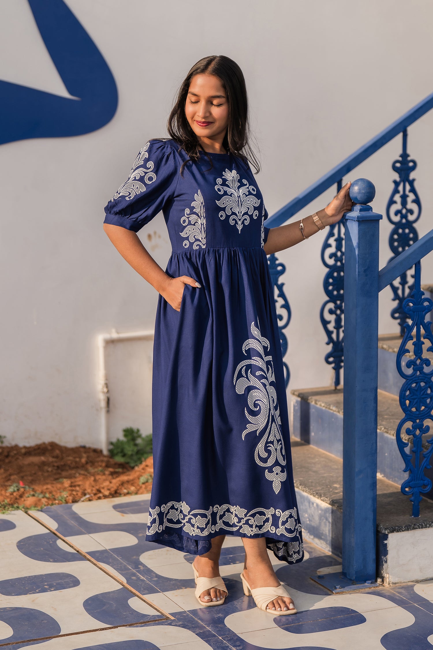 Ornate Panel Blue Viscose Dress with Boat Neck &amp; Puff Sleeves