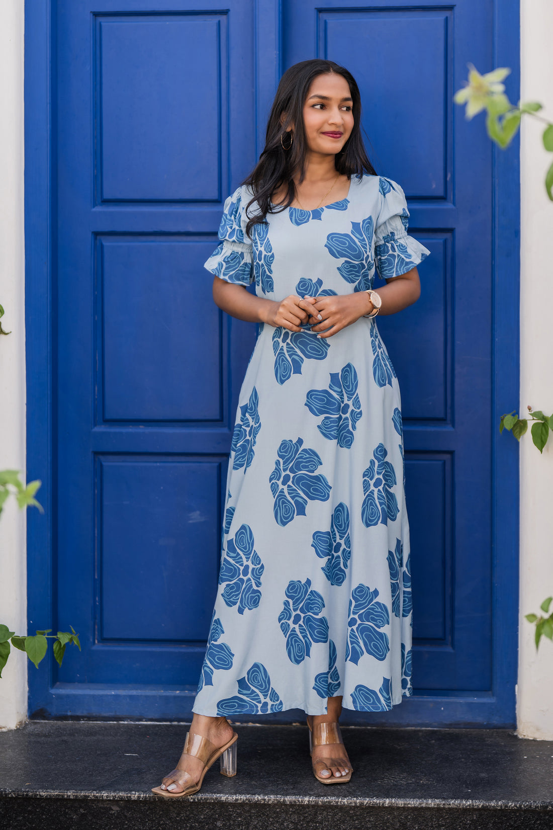 Cloud Tale Blue Viscose Dress with Sweetheart Neck &amp; Elasticated Frill Sleeves
