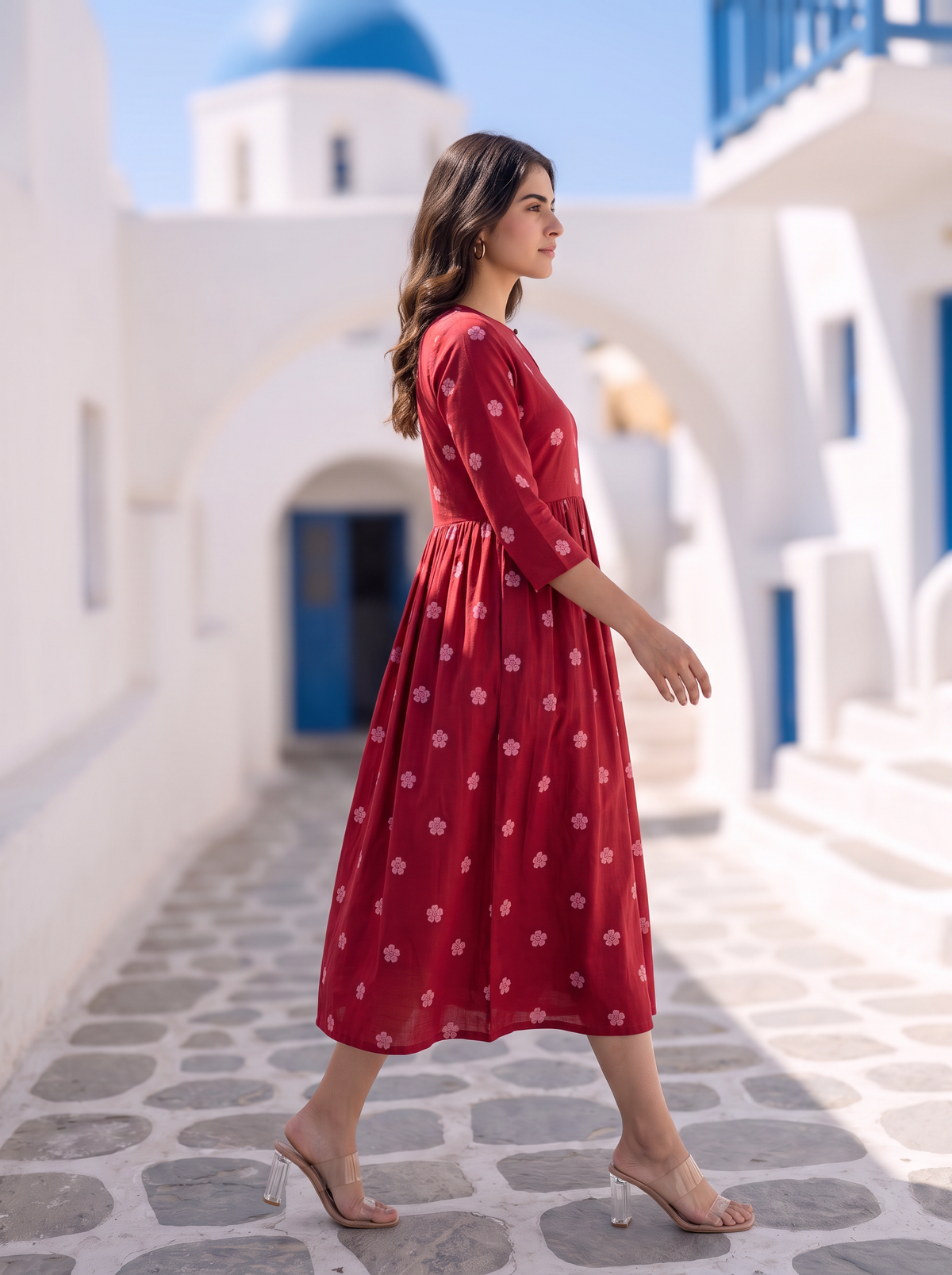 Ruby Meadow Red Viscose Printed Umbrella Dress