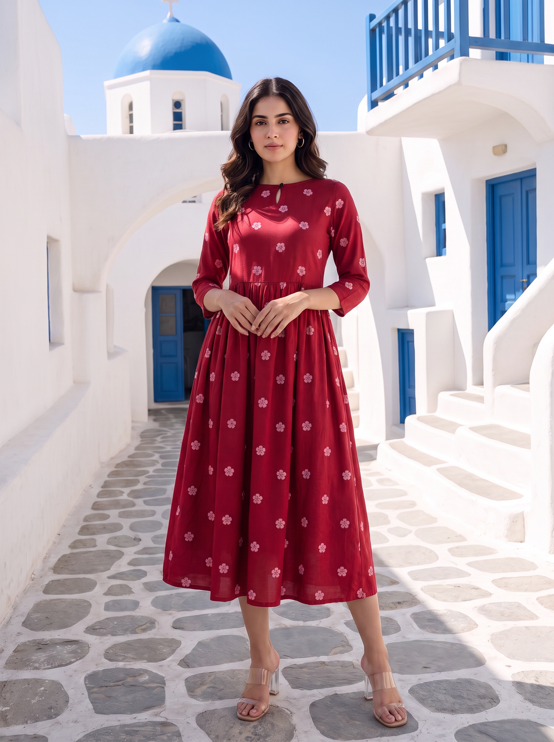 Ruby Meadow Red Viscose Printed Umbrella Dress