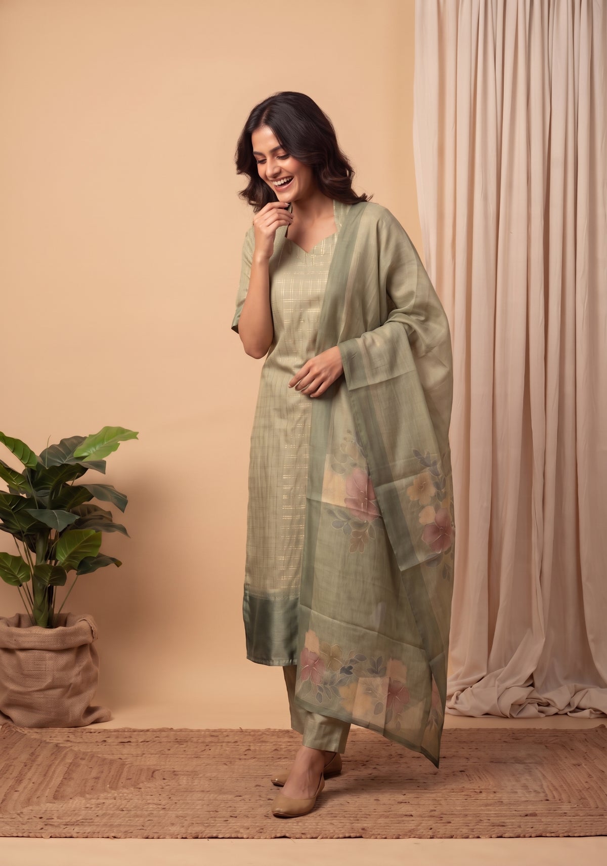 Olive Green 3 Piece Tussar Silk Printed Kurta Set with Dupatta