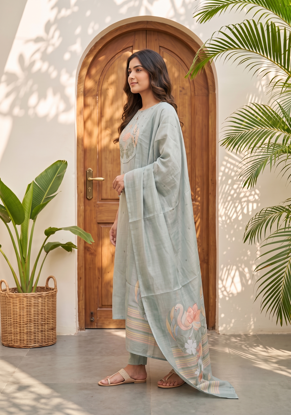 Swanstone Grey Embroidered Tussar Silk Kurta Set
