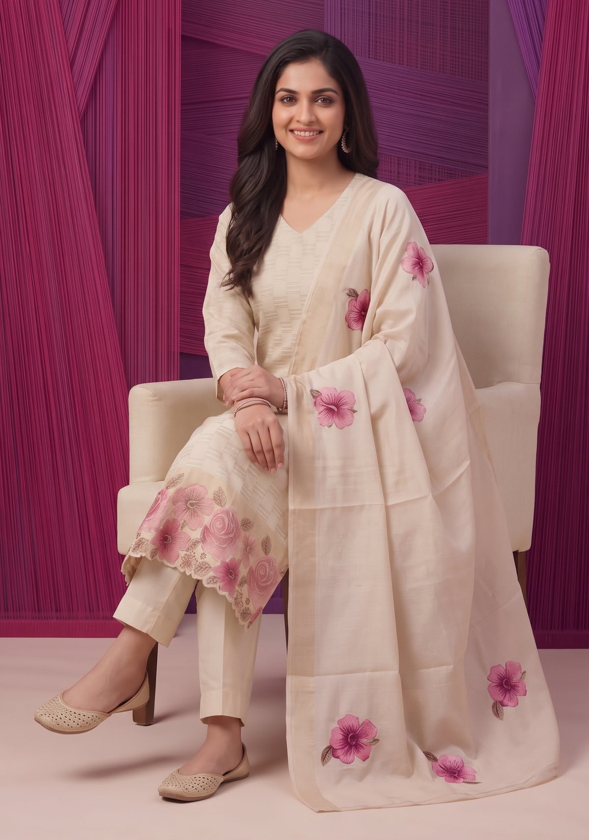 Rosvika Pearl Printed Tussar Checks Kurta Set with Dupatta