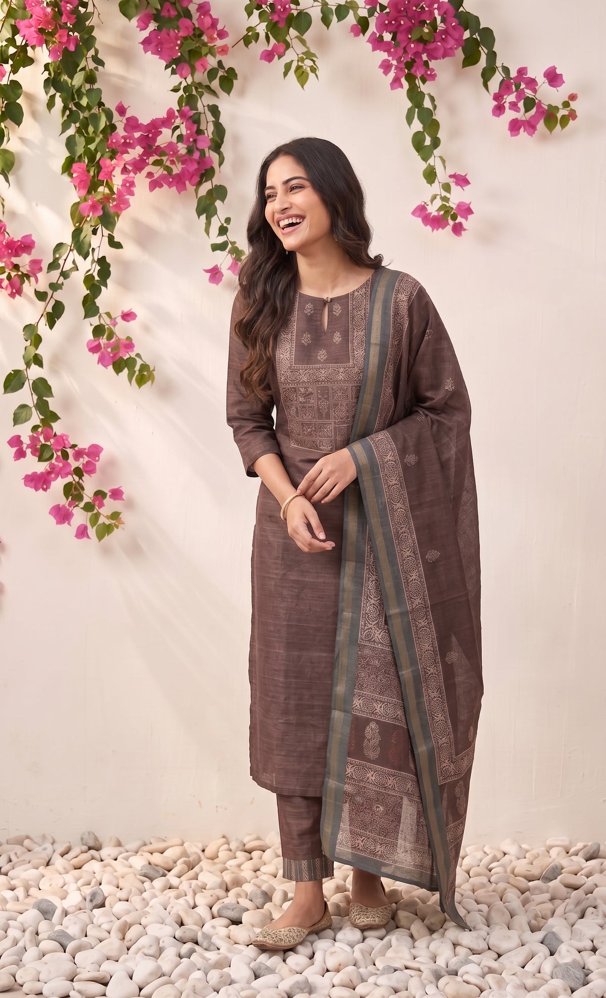 Tanira Brown printed 2 Piece Khata Silk Kurta with Dupatta