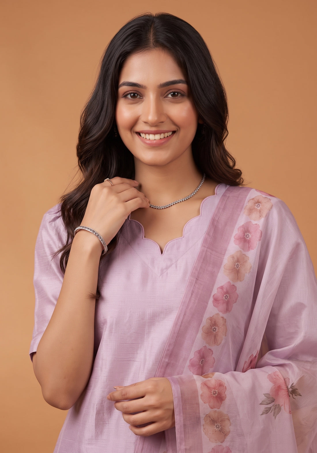 Lilac Blossom 3 Piece Crush Silk Blend Hand-Embroidered Kurta with Pant &amp; Dupatta