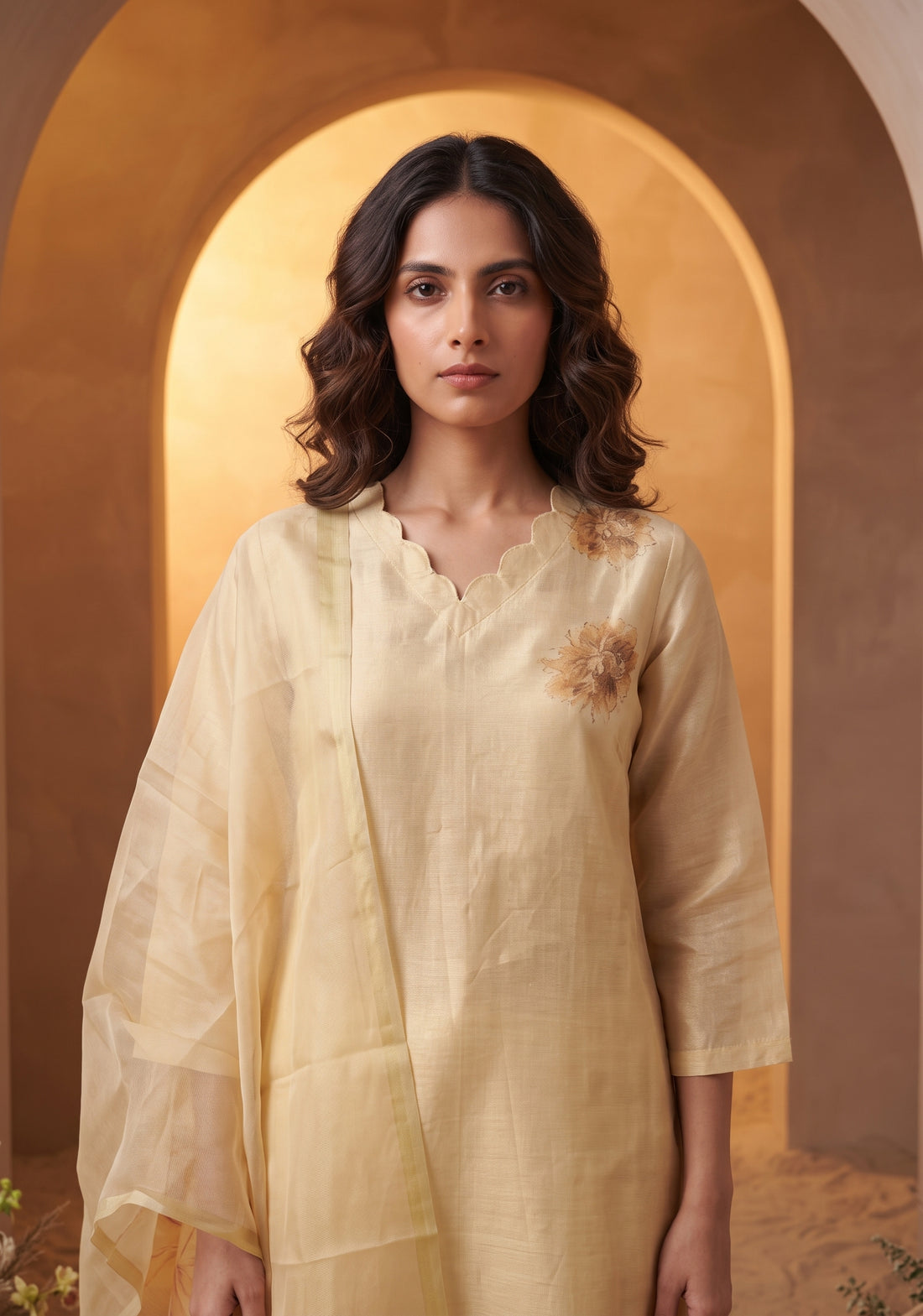 Mimsa Yellow Shimmer Tissue Kurta Set with Dupatta