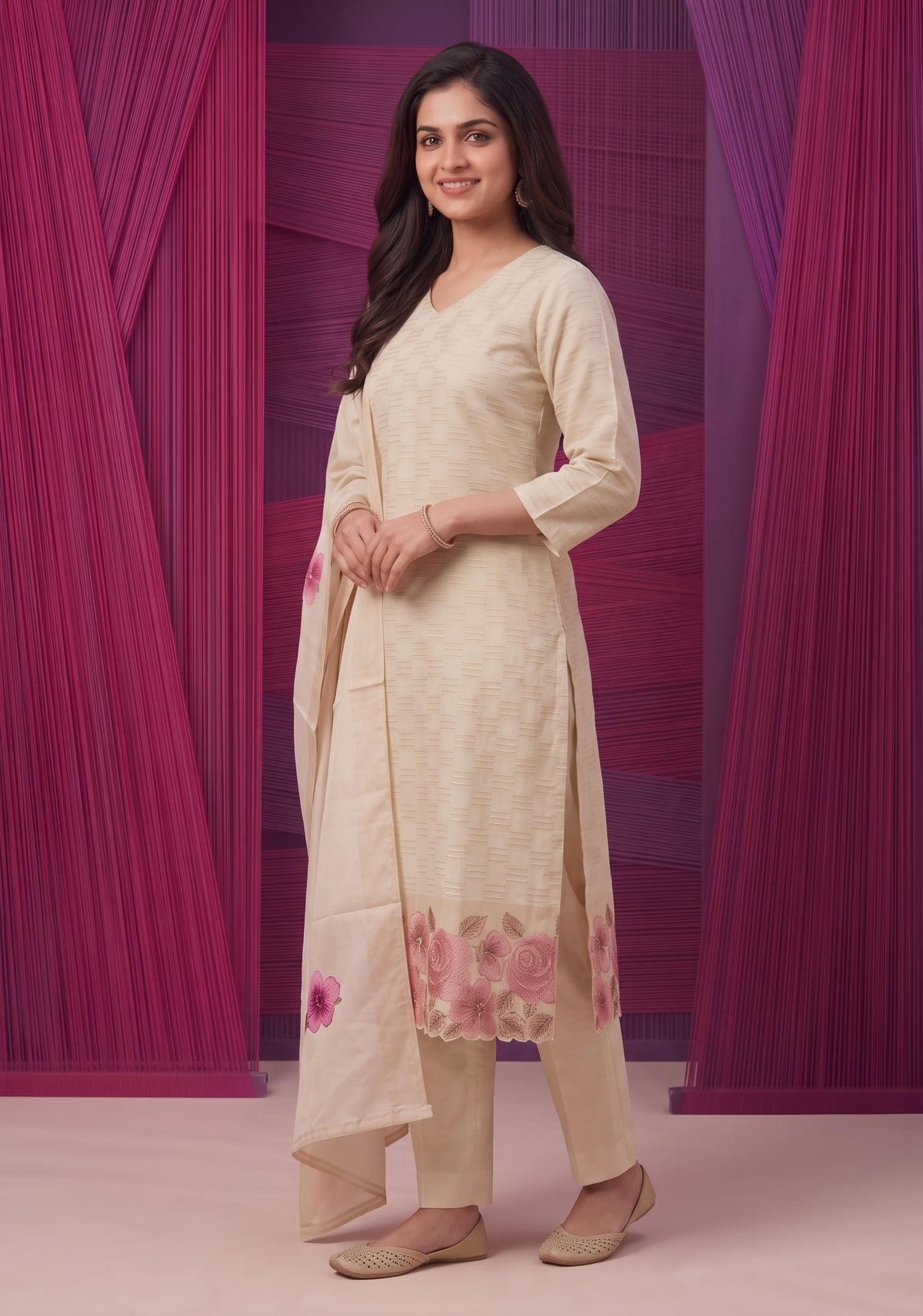Rosvika Pearl Printed Tussar Checks Kurta Set with Dupatta