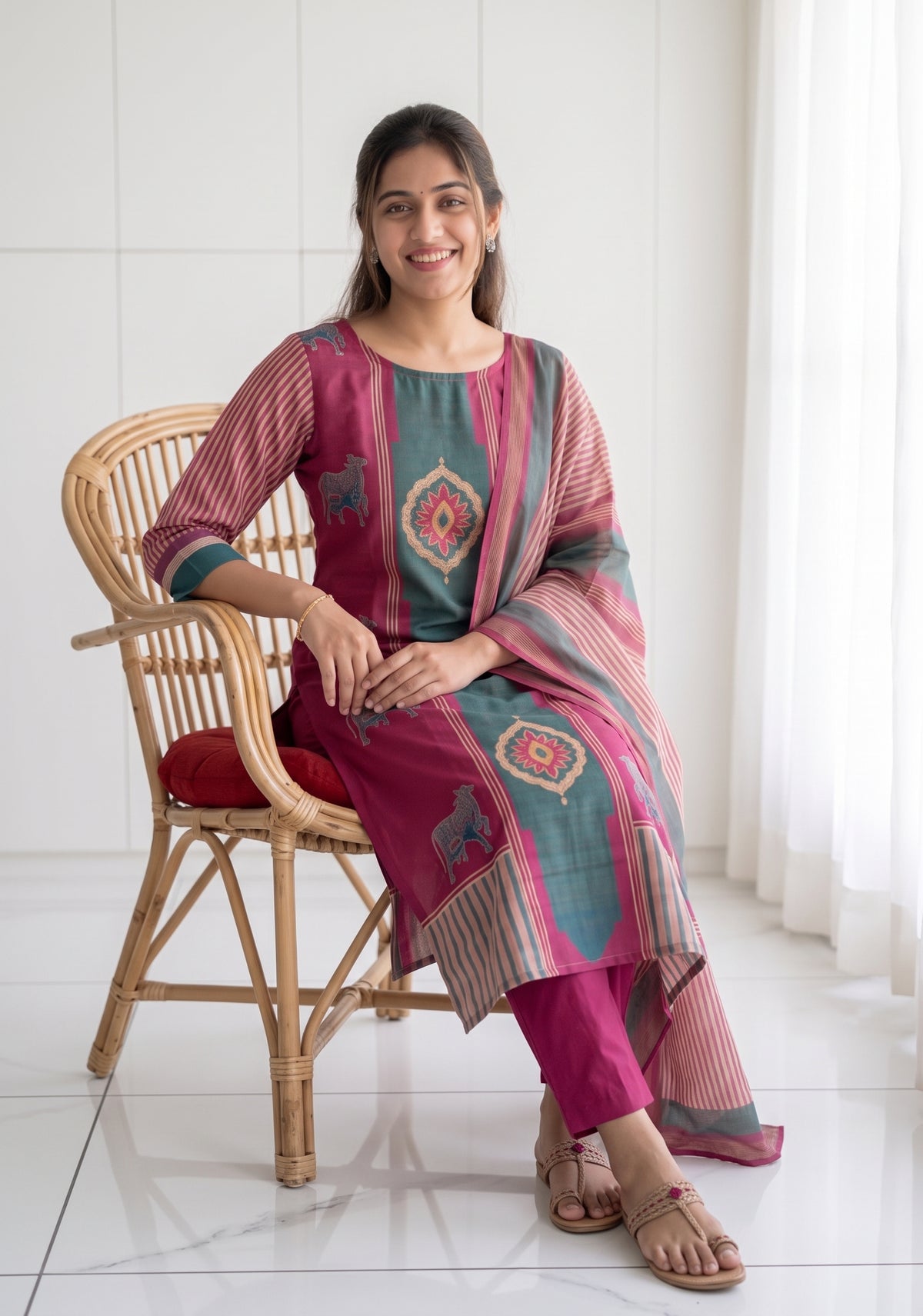 Rustic Grace Red 2 Piece Shimmer Tissue Blend Placement Printed Kurta with Dupatta