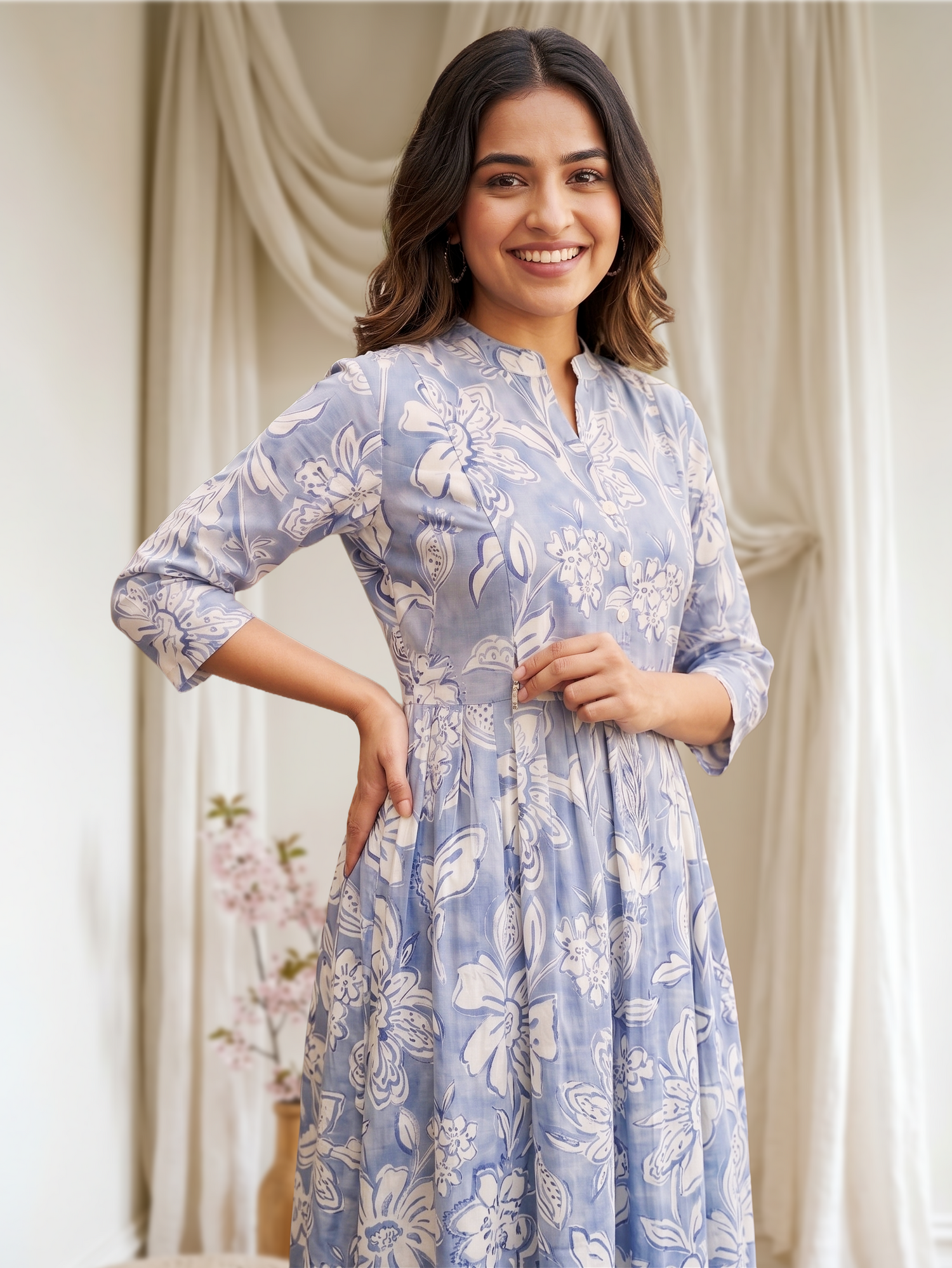 Classic Delight Blue Printed Maternity and Feeding Dress