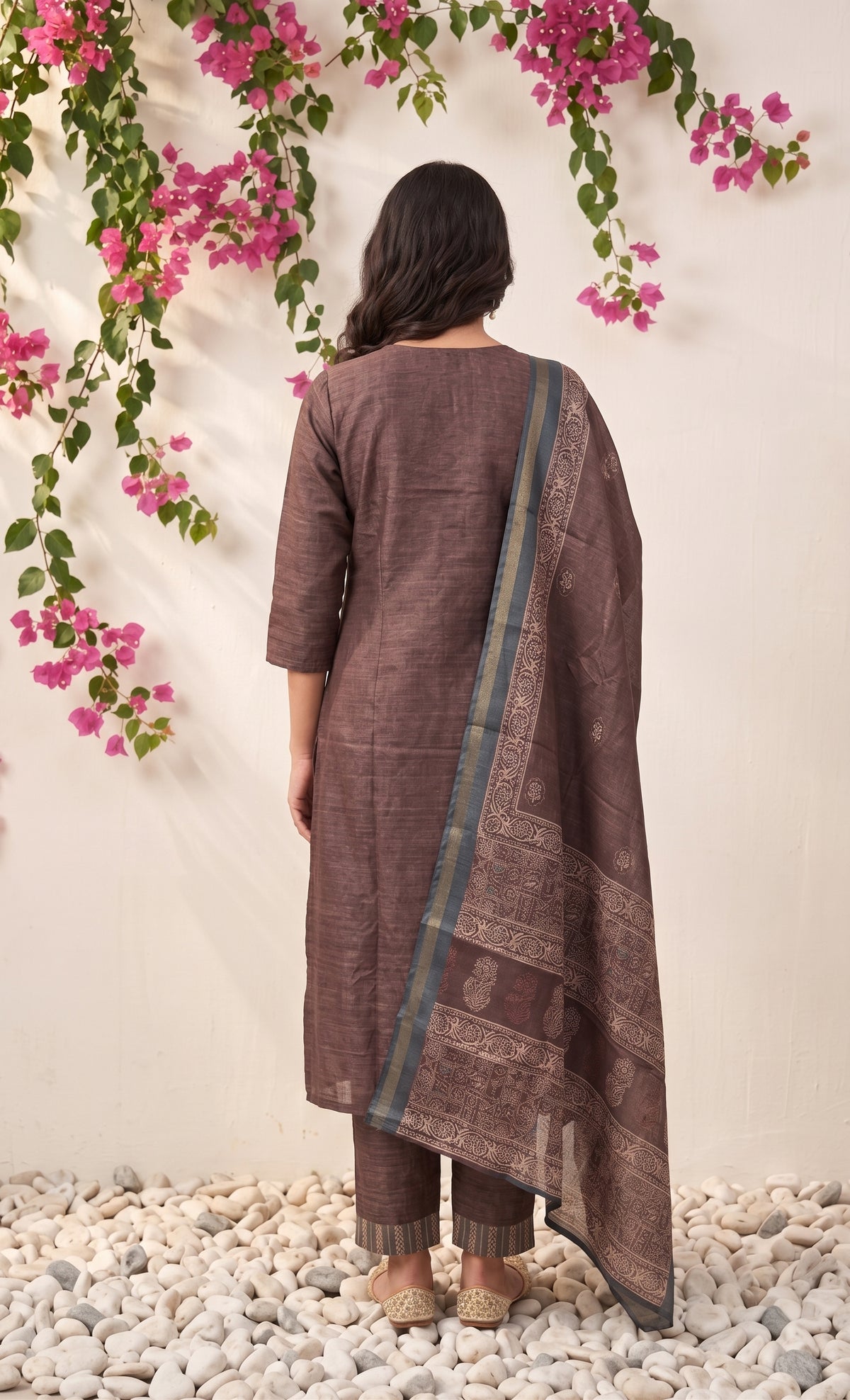 Tanira Brown printed 2 Piece Khata Silk Kurta with Dupatta