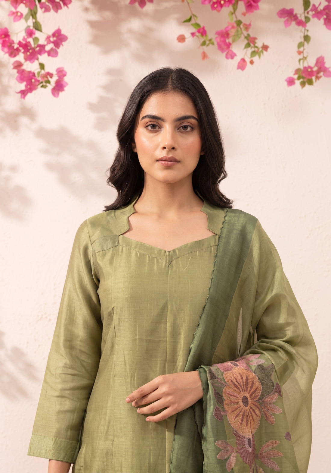 Matcha Bloom 3 Piece Tussar Silk Printed Kurta Set with Dupatta