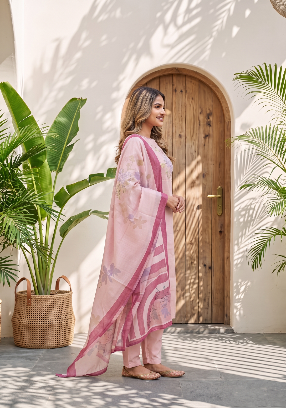 Rose Mist Light Pink 3 Piece Tussar Silk Blend Floral Embroidered &amp; Printed Kurta with Pant &amp; Dupatta