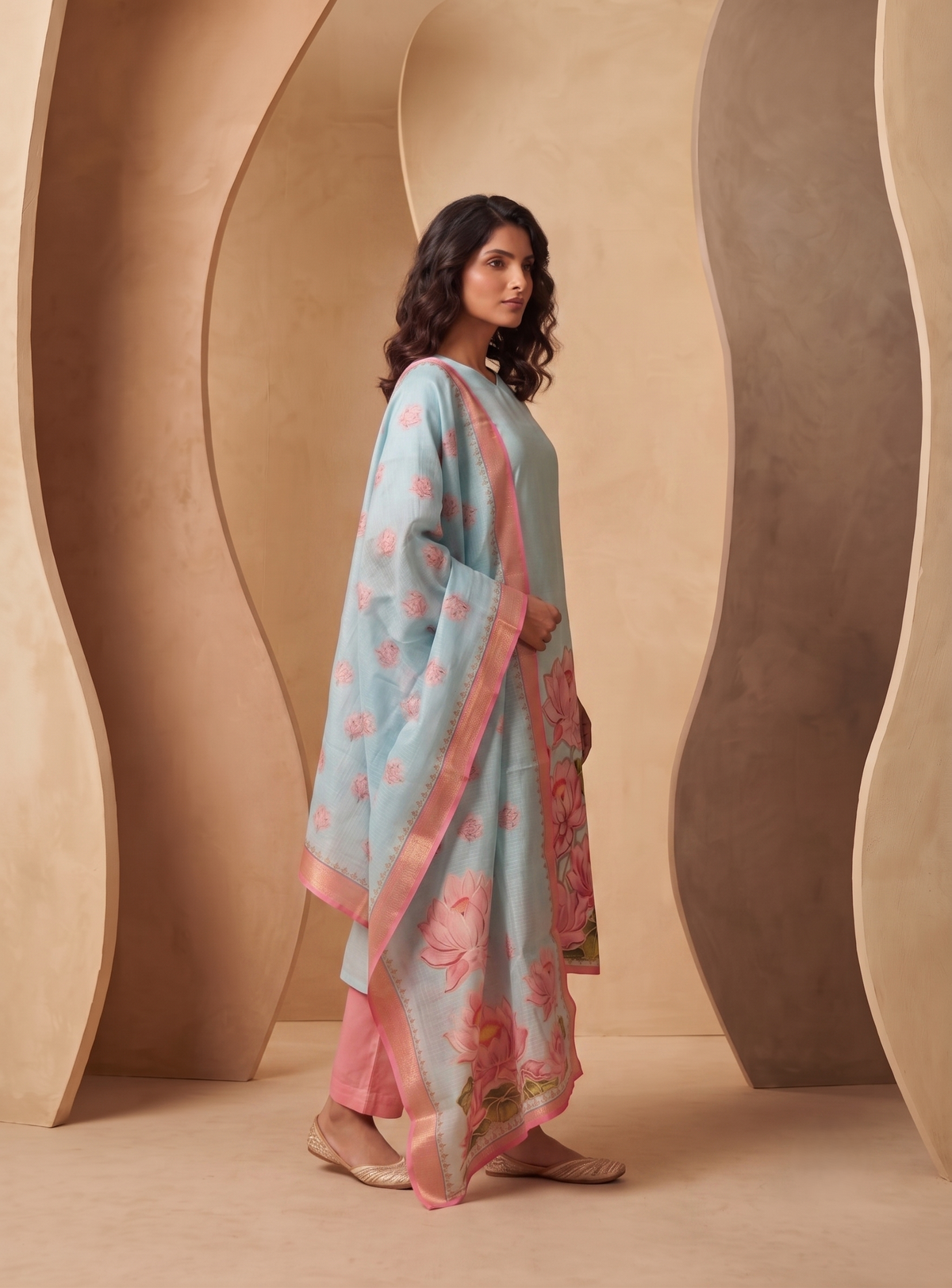 Lotus Mist Blue Printed 3 Piece Shimmer Tissue Kurti Set with Dupatta