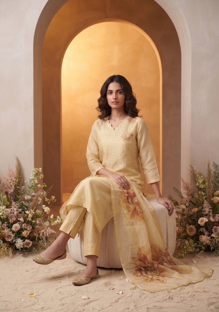 Mimsa Yellow Shimmer Tissue Kurta Set with Dupatta