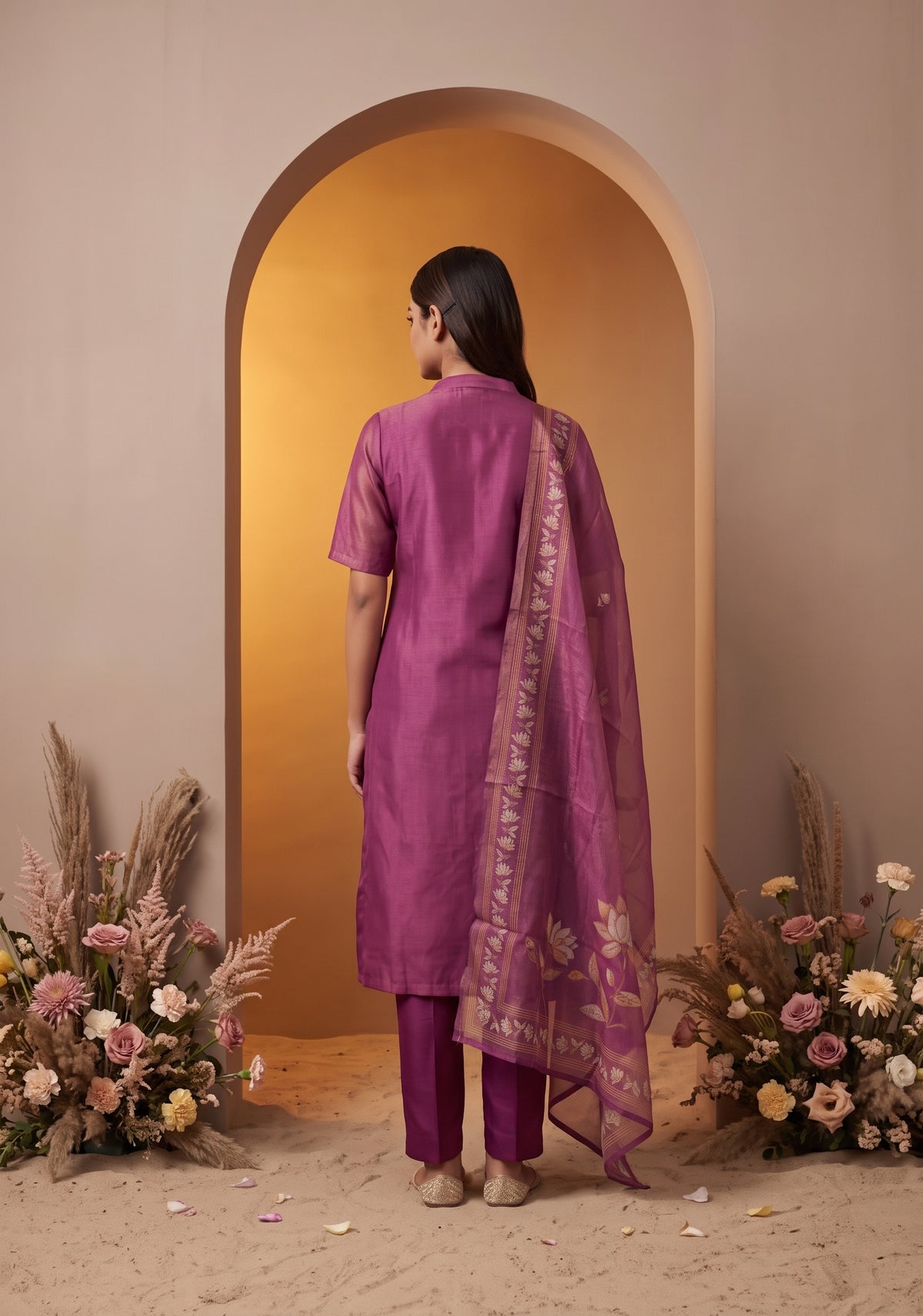 Niloufer Pink printed 2 Piece Muslin Shimmer Silk Kurta with Dupatta