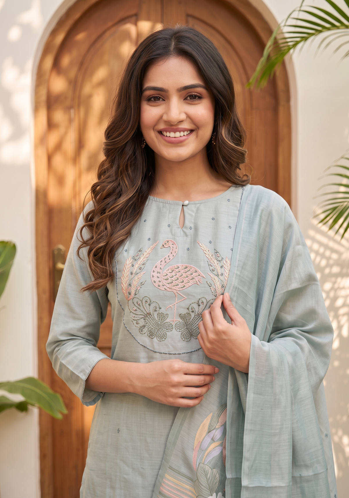 Swanstone Grey Embroidered Tussar Silk Kurta Set