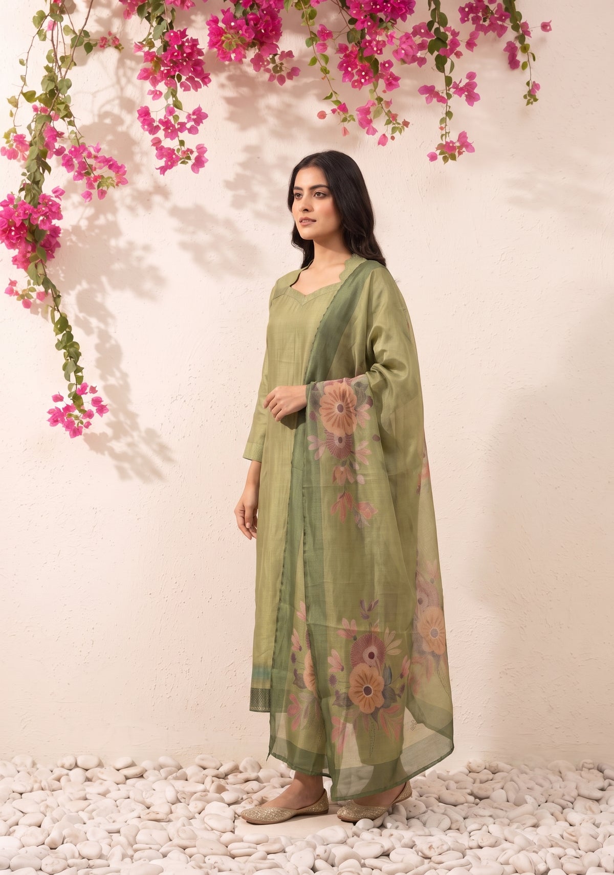 Matcha Bloom 3 Piece Tussar Silk Printed Kurta Set with Dupatta