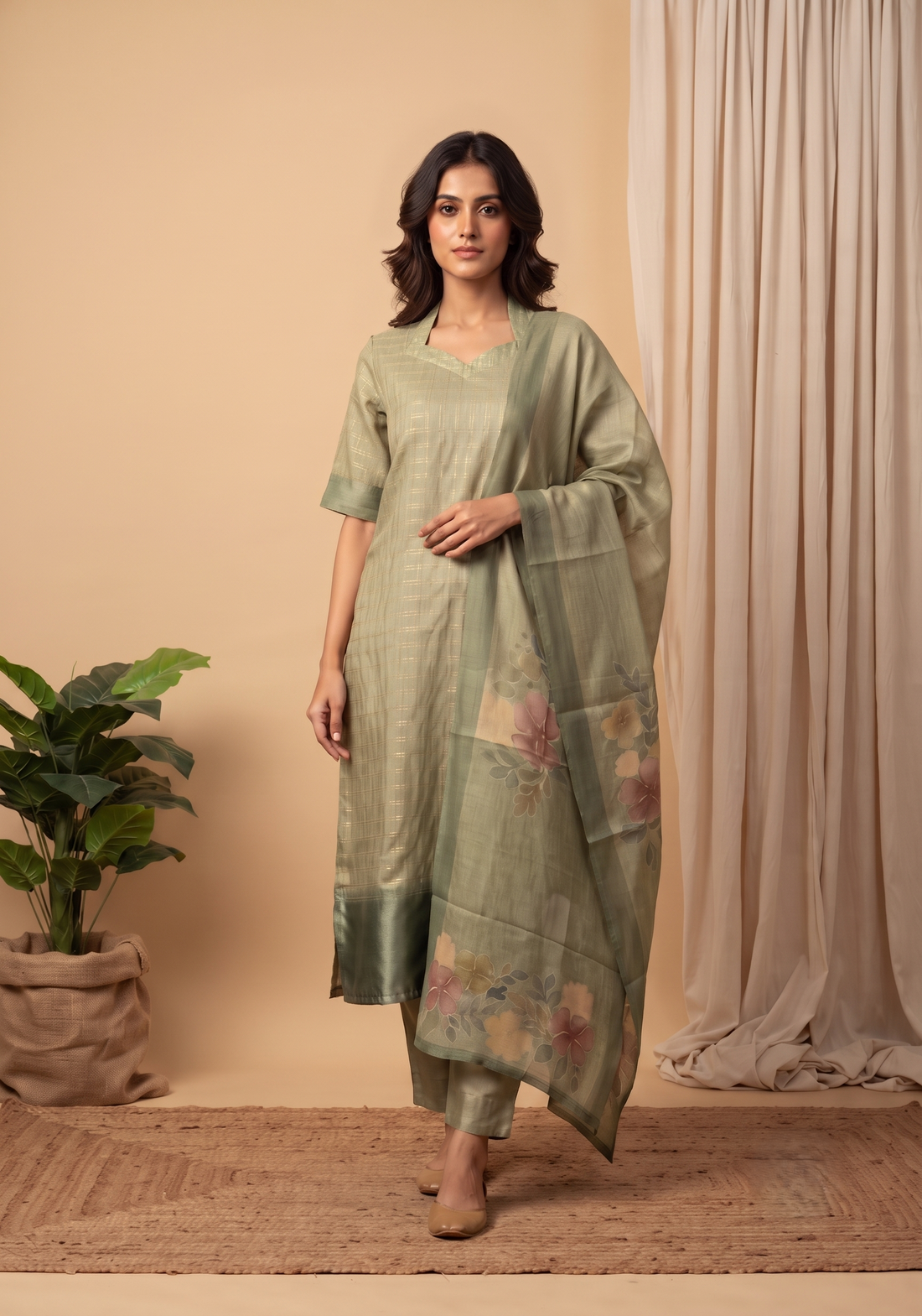 Olive Green 3 Piece Tussar Silk Printed Kurta Set with Dupatta