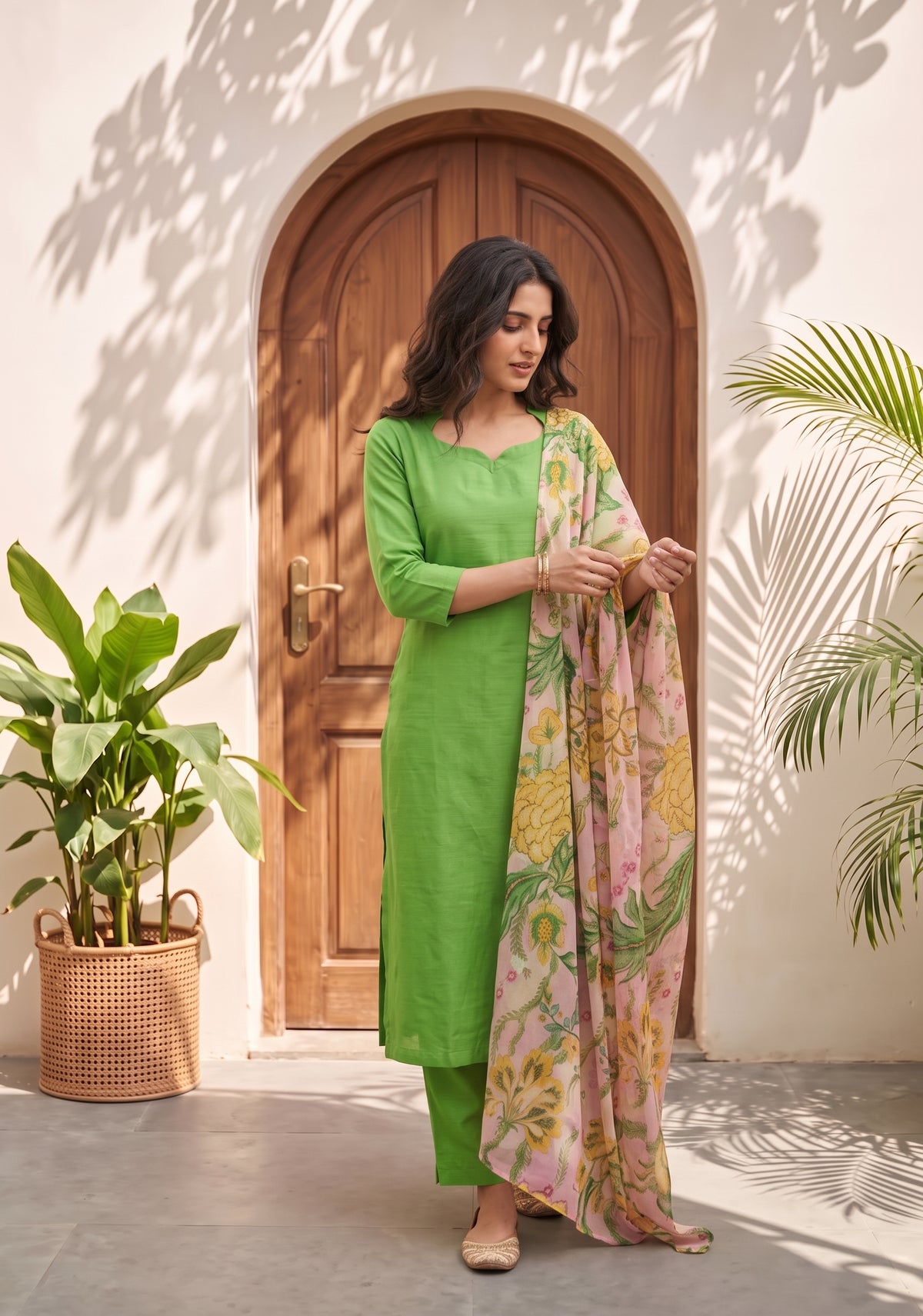 Floral Charmist Solid  2 Piece Raw silk blend Kurta with Printed  Dupatta