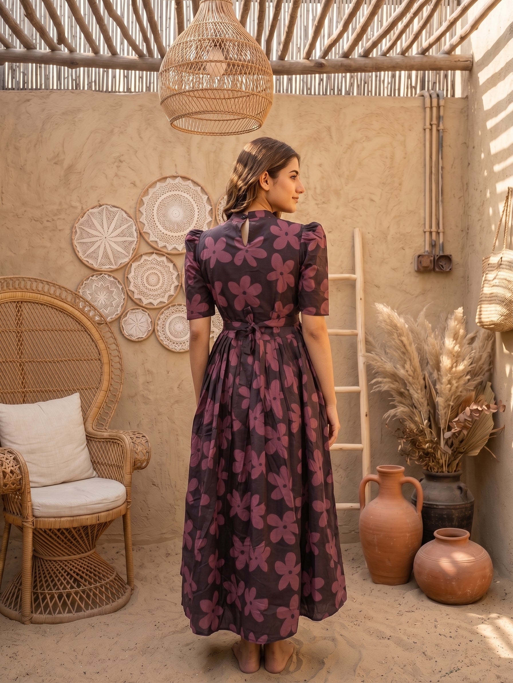 Dark Smoky Bloom Brown Printed Maternity and Feeding Maxi Wear