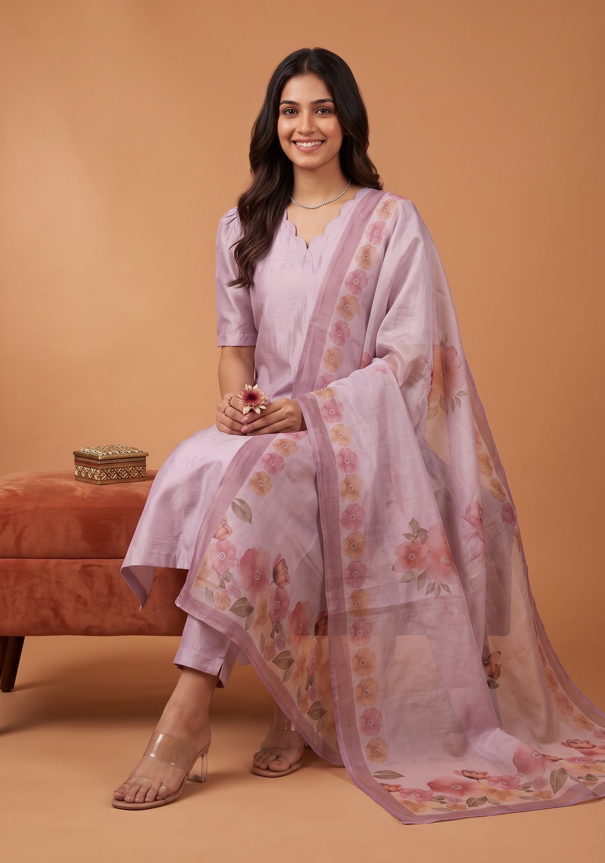 Lilac Blossom 3 Piece Crush Silk Blend Hand-Embroidered Kurta with Pant &amp; Dupatta