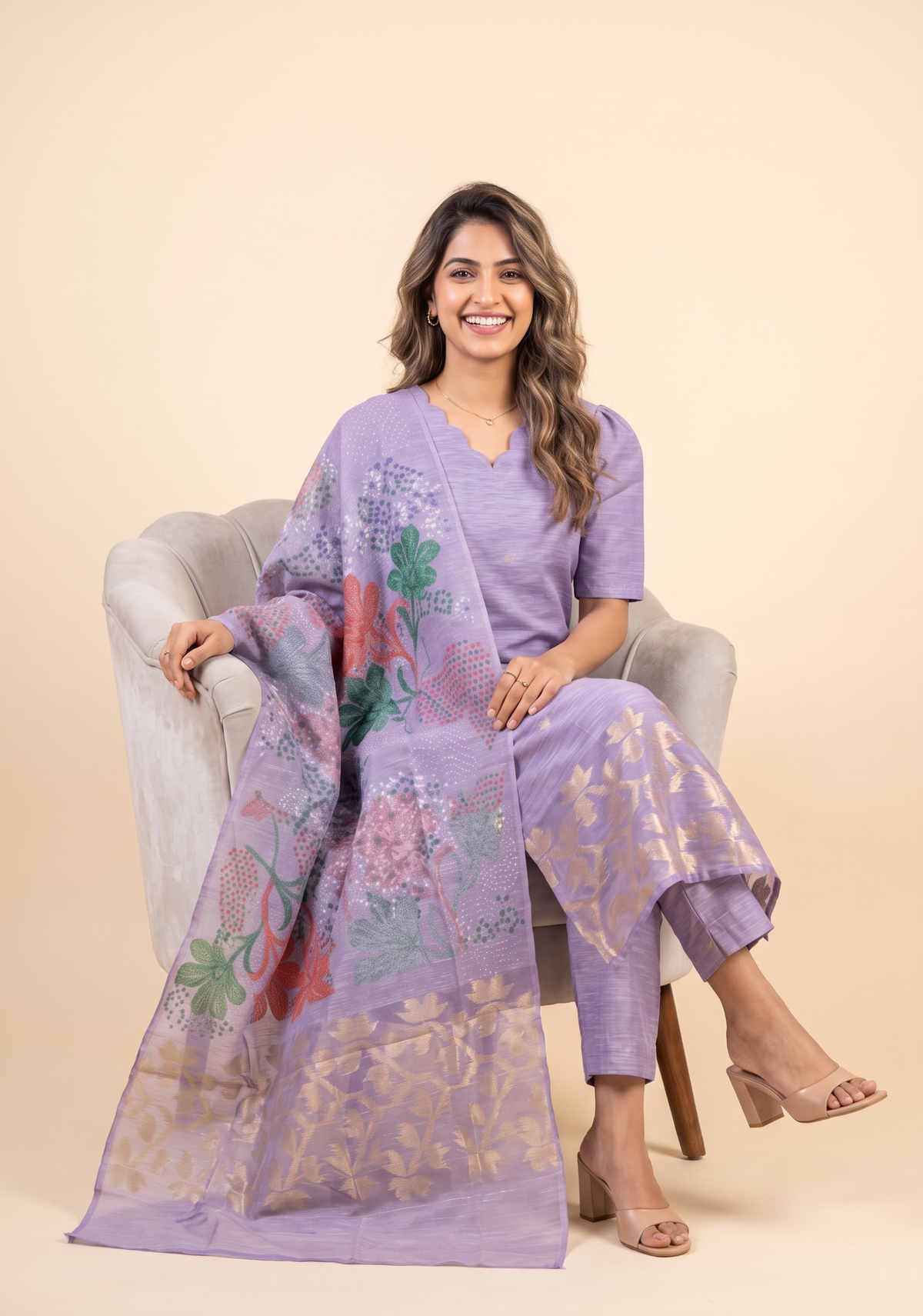 Lira Printed 3 Piece Organza Slub Kurta Set with Dupatta