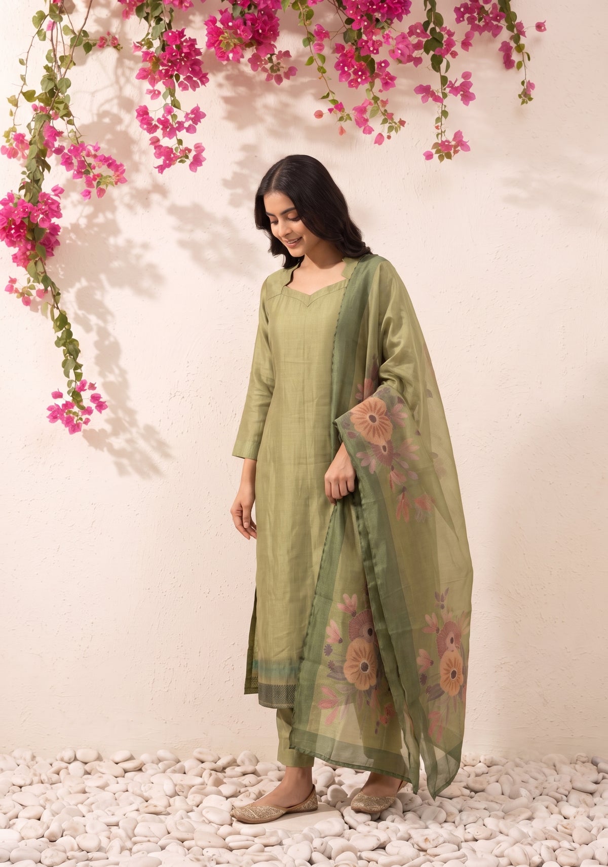 Matcha Bloom 3 Piece Tussar Silk Printed Kurta Set with Dupatta