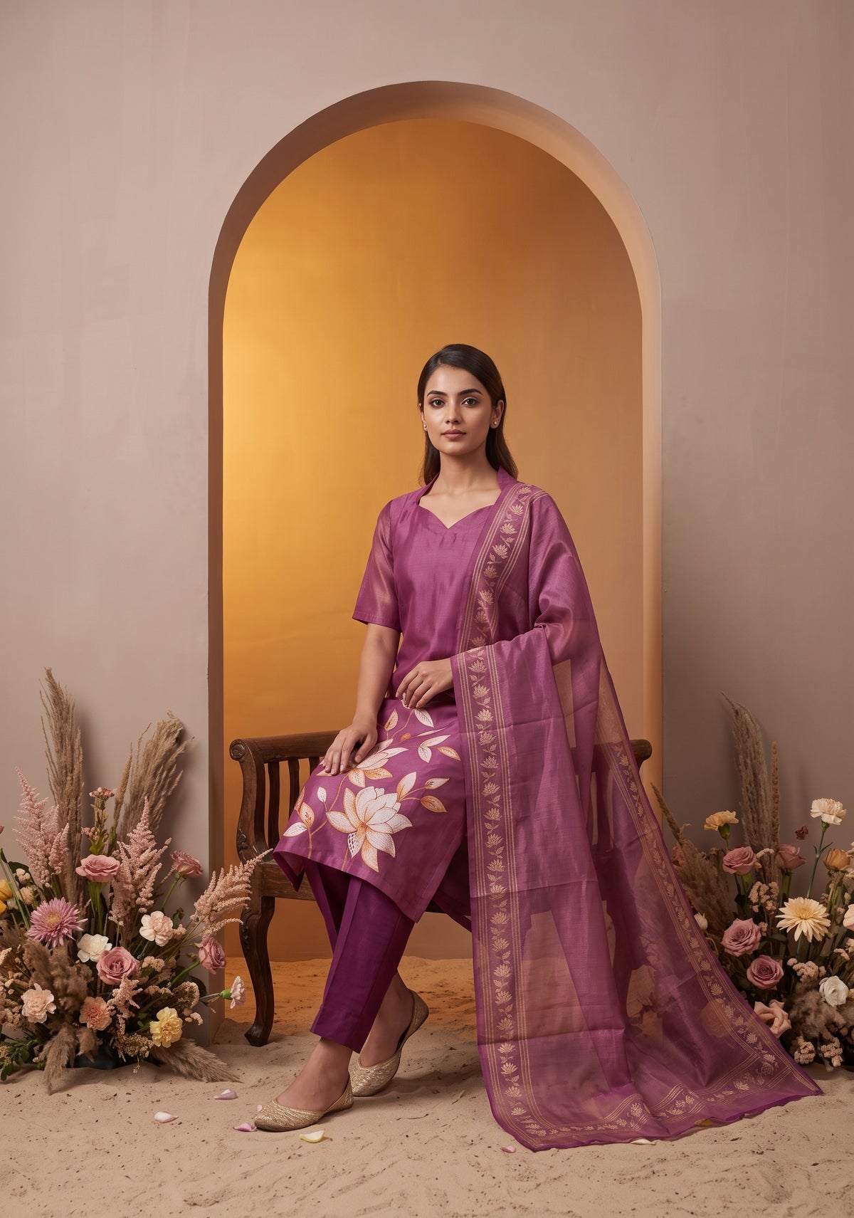 Niloufer Pink printed 2 Piece Muslin Shimmer Silk Kurta with Dupatta