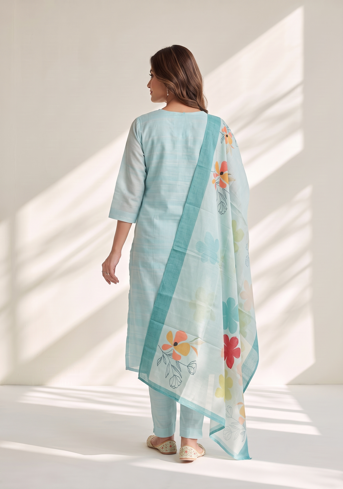 Blueish Blue 3 Piece Tussar Silk Blend Printed Hand-Embroidered Kurta with Pant &amp; Dupatta
