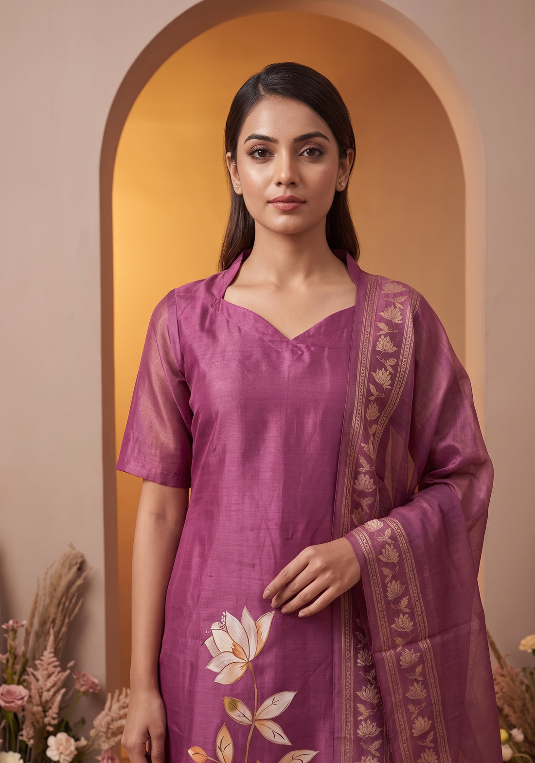 Niloufer Pink printed 2 Piece Muslin Shimmer Silk Kurta with Dupatta