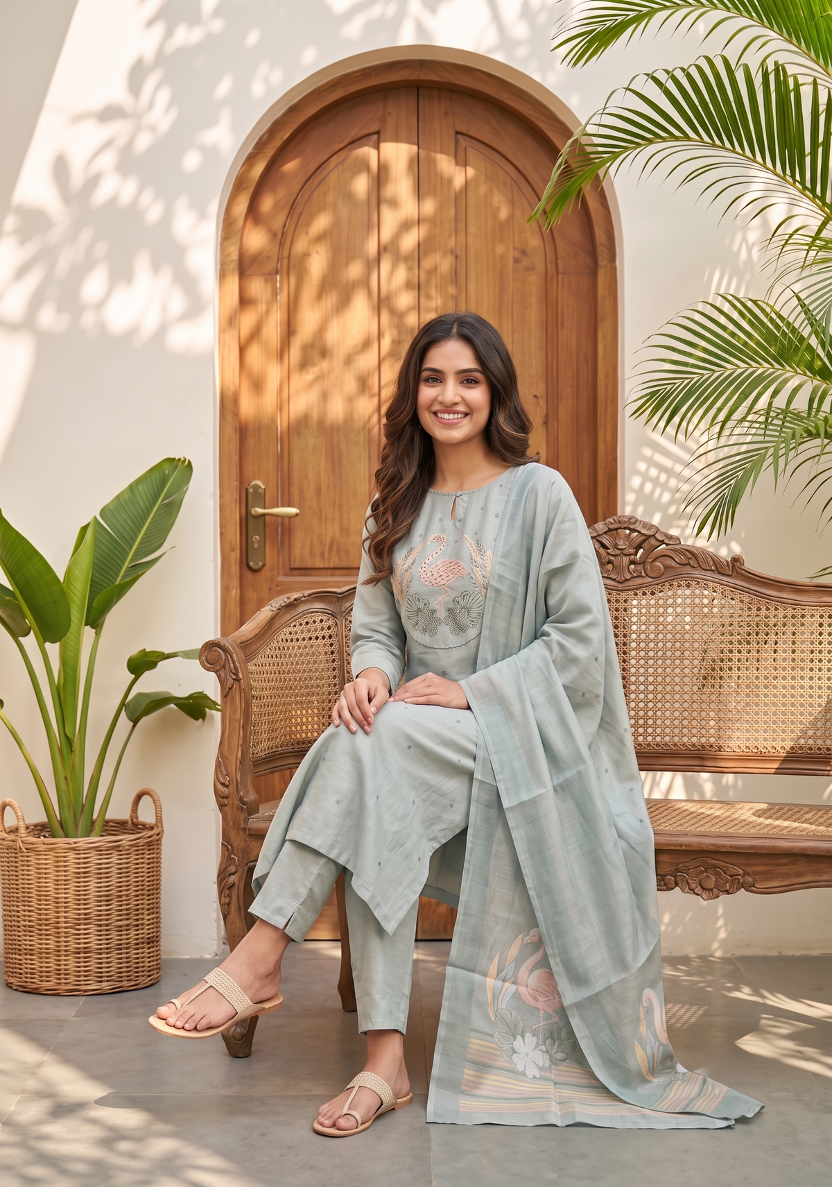 Swanstone Grey Embroidered Tussar Silk Kurta Set