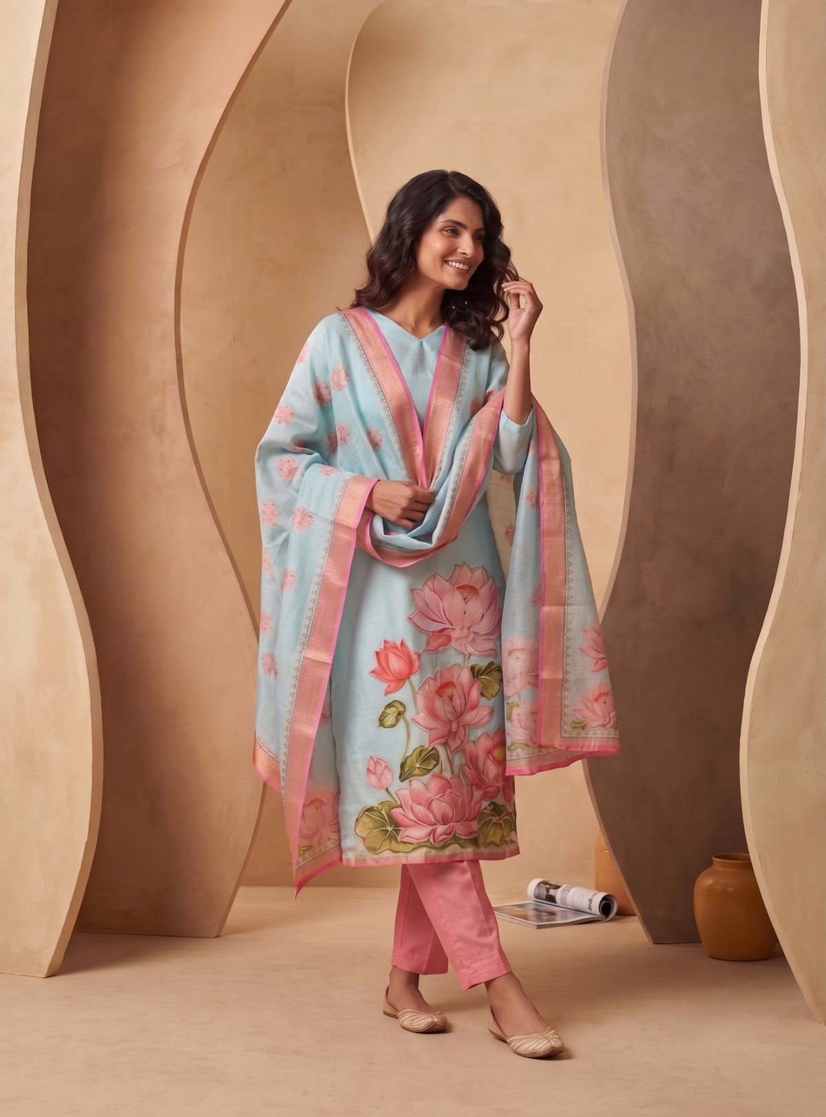 Lotus Mist Blue Printed 3 Piece Shimmer Tissue Kurti Set with Dupatta