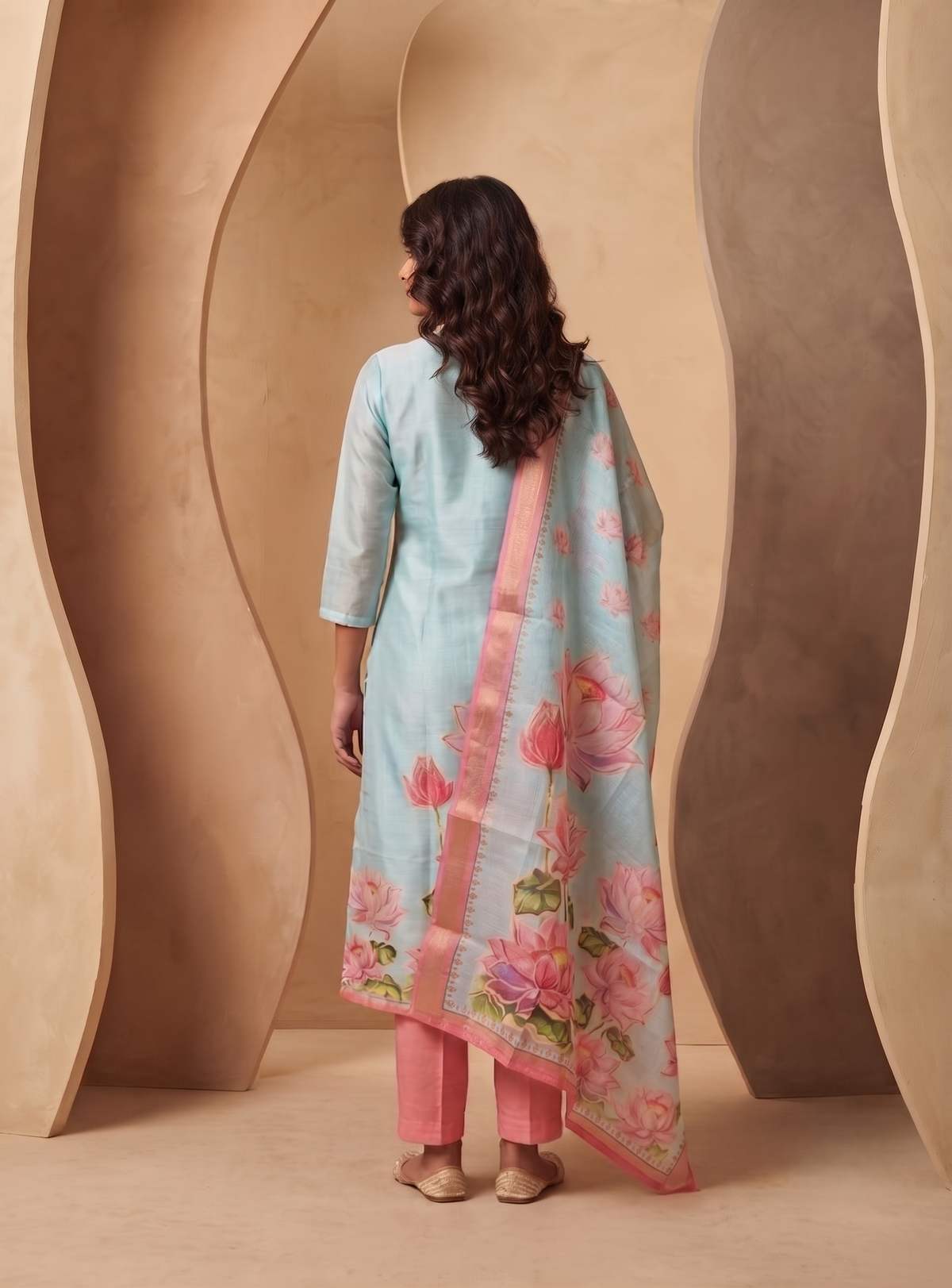 Lotus Mist Blue Printed 3 Piece Shimmer Tissue Kurti Set with Dupatta