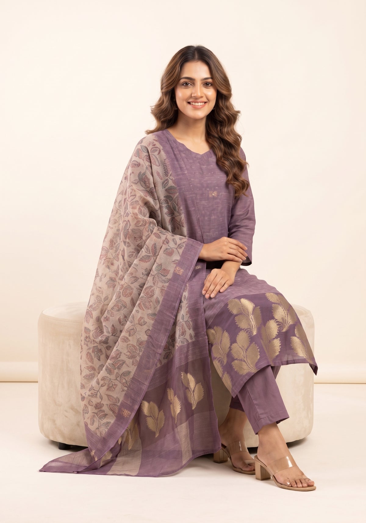 Petal Mist Jacquard 3 Piece Linen Kurta Set with Dupatta