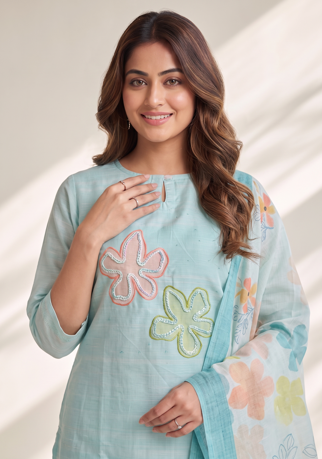 Blueish Blue 3 Piece Tussar Silk Blend Printed Hand-Embroidered Kurta with Pant &amp; Dupatta