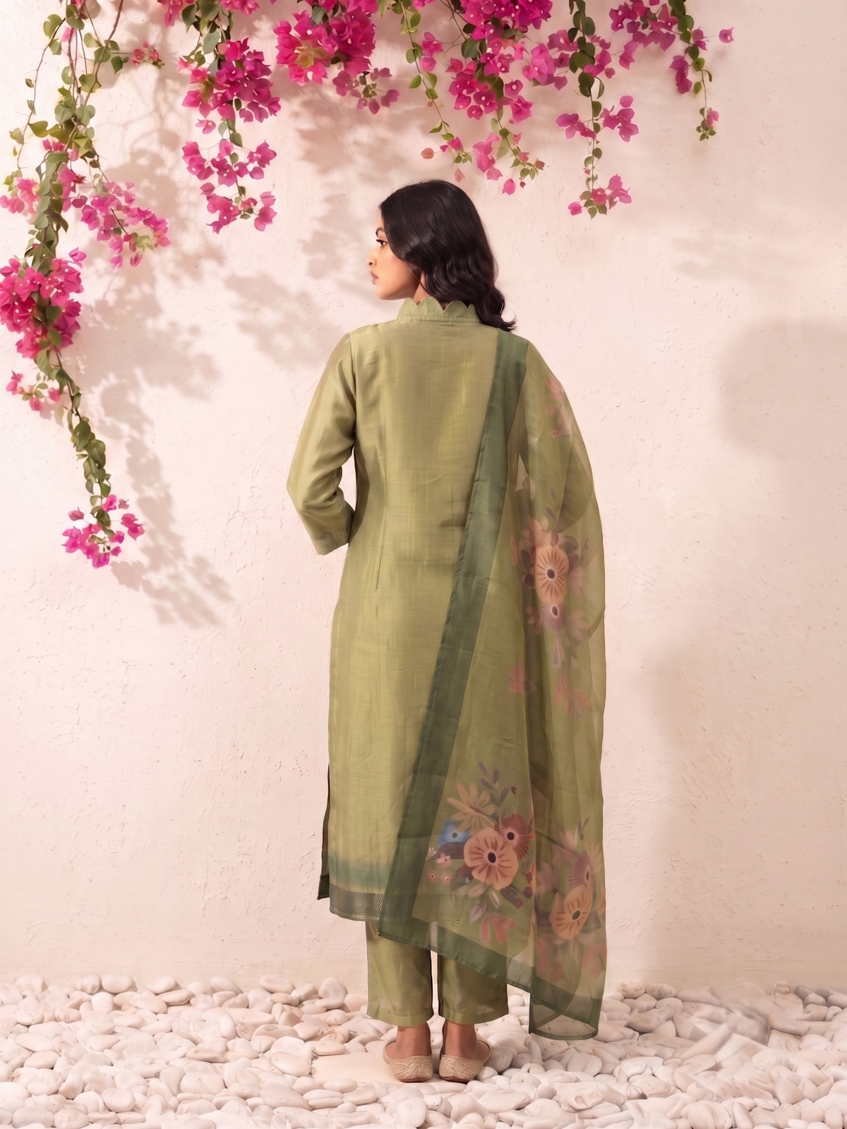 Matcha Bloom 3 Piece Tussar Silk Printed Kurta Set with Dupatta
