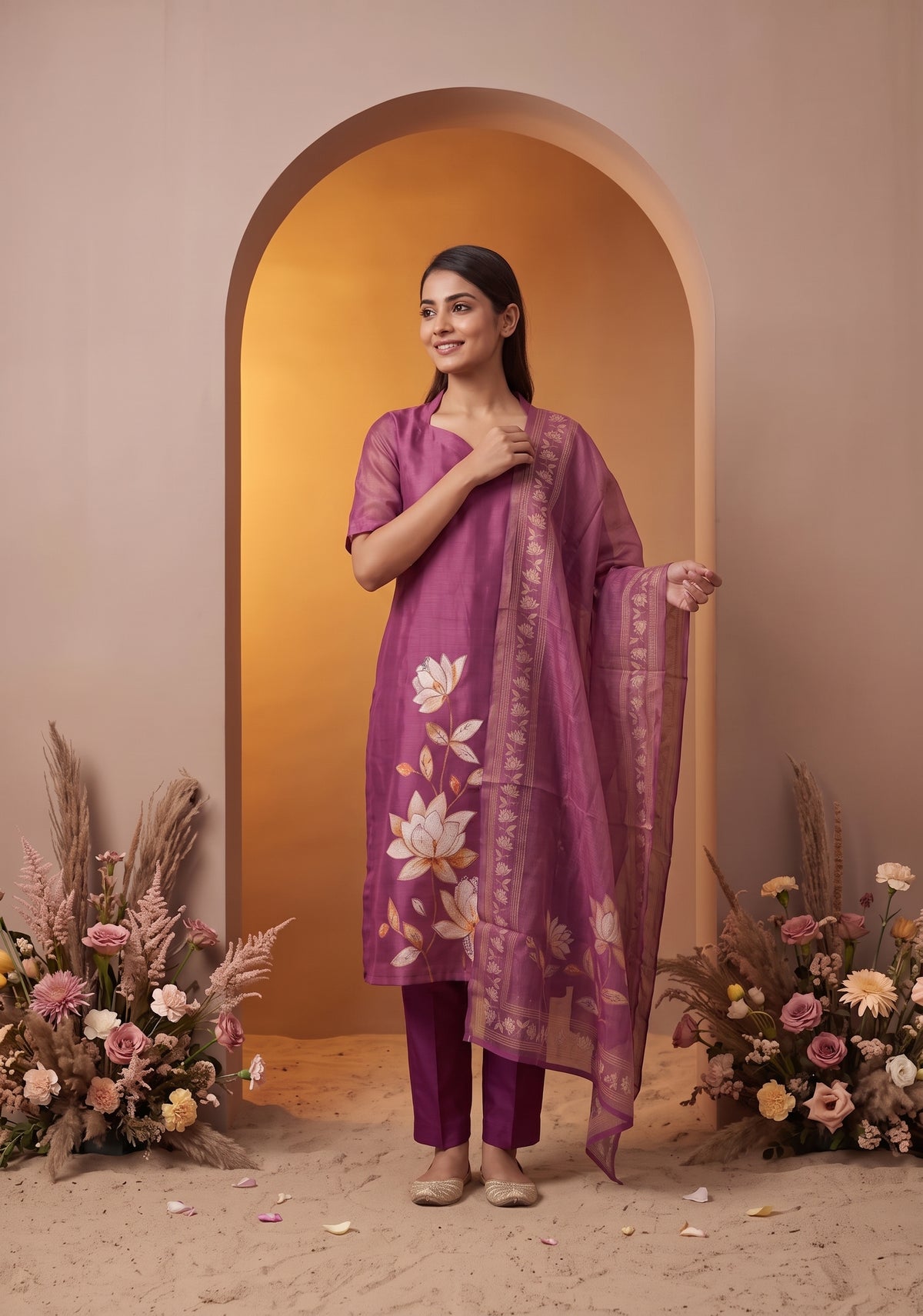 Niloufer Pink printed 2 Piece Muslin Shimmer Silk Kurta with Dupatta