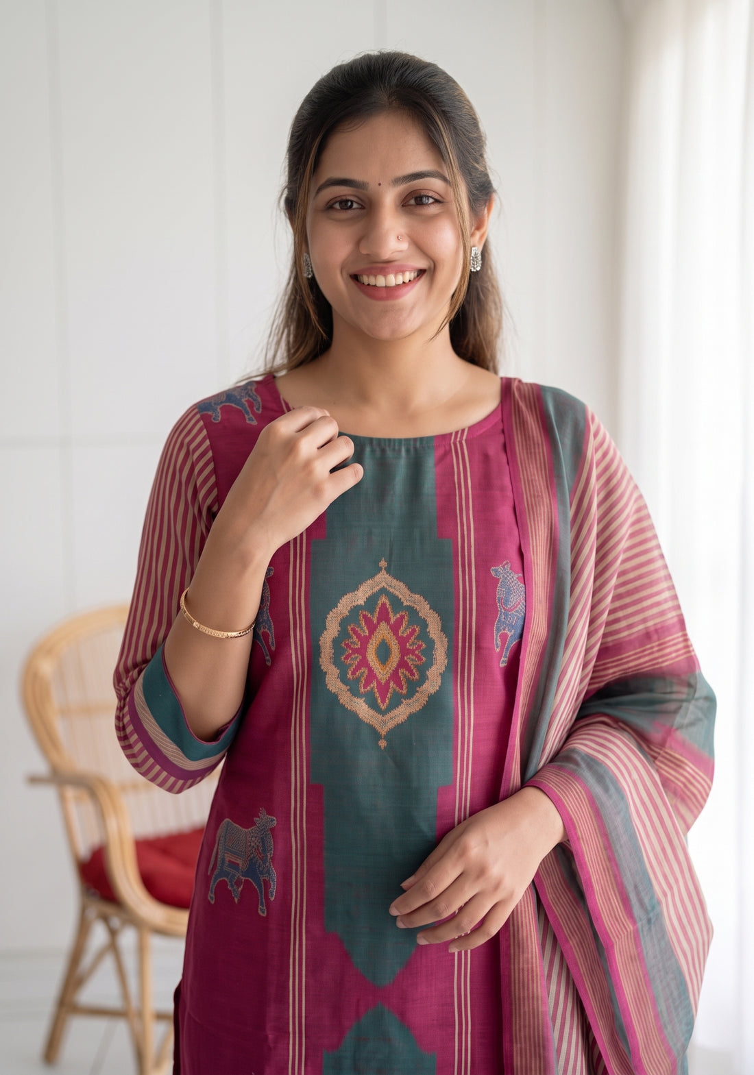 Rustic Grace Red 2 Piece Shimmer Tissue Blend Placement Printed Kurta with Dupatta