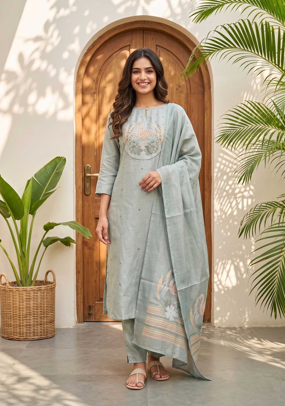 Swanstone Grey Embroidered Tussar Silk Kurta Set