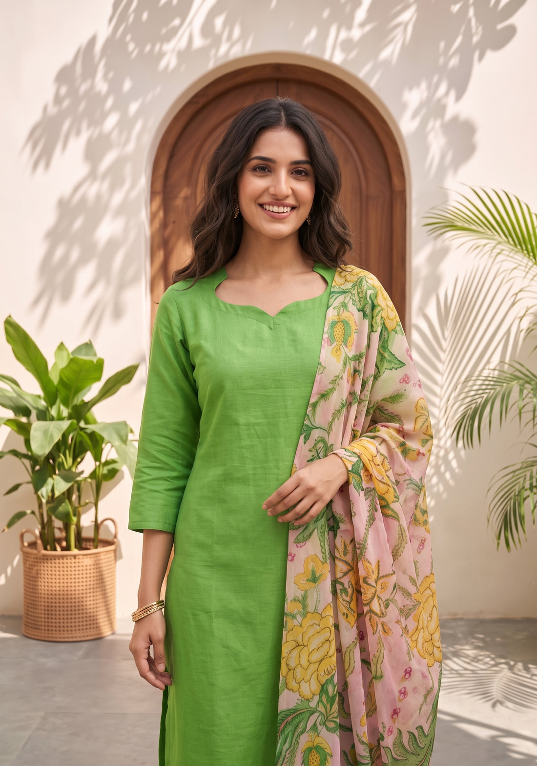 Floral Charmist Solid  2 Piece Raw silk blend Kurta with Printed  Dupatta