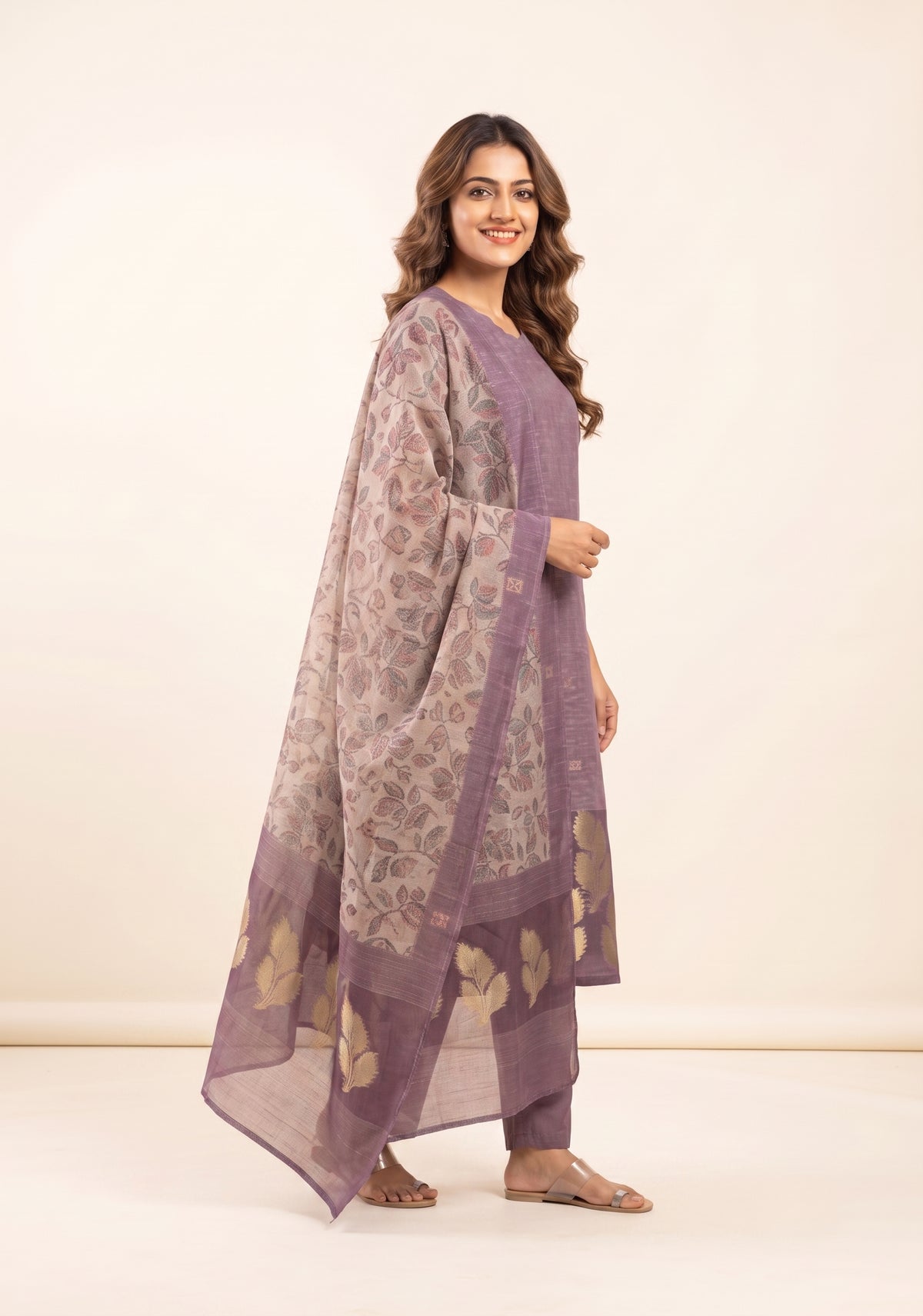 Petal Mist Jacquard 3 Piece Linen Kurta Set with Dupatta