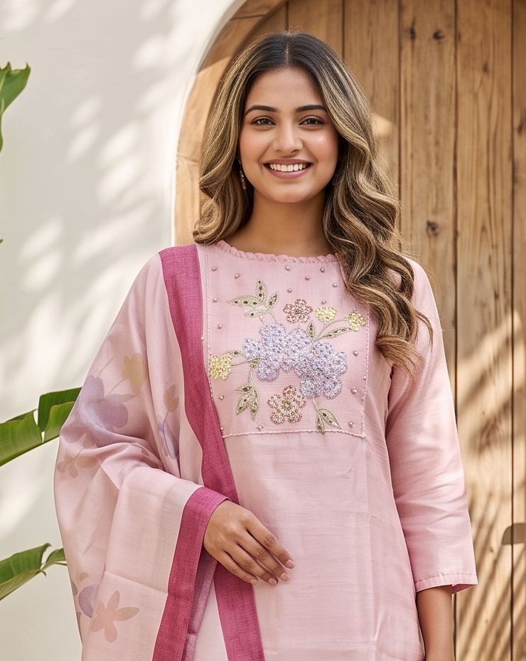 Rose Mist Light Pink 3 Piece Tussar Silk Blend Floral Embroidered &amp; Printed Kurta with Pant &amp; Dupatta