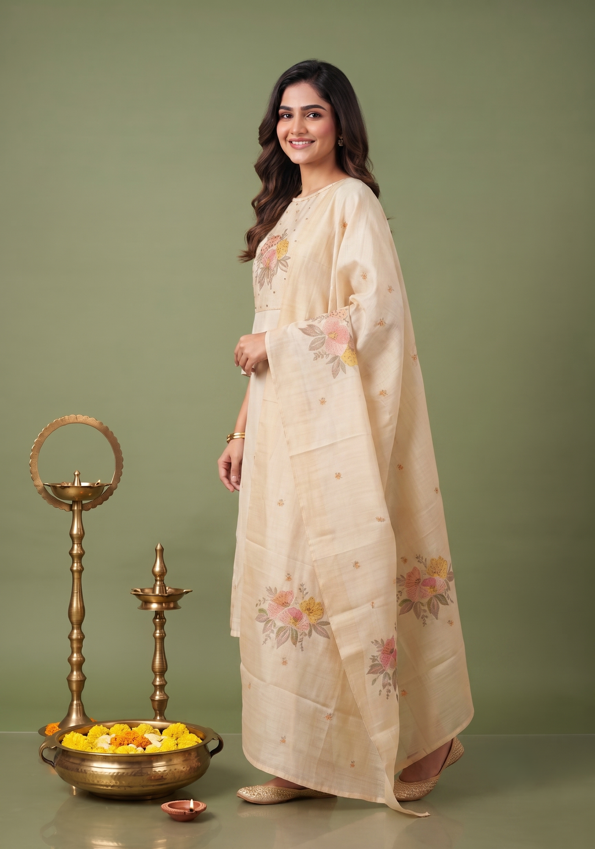 Fable Blossom Embroidered 3 Piece Butter Silk Blend Kurta Set with Dupatta