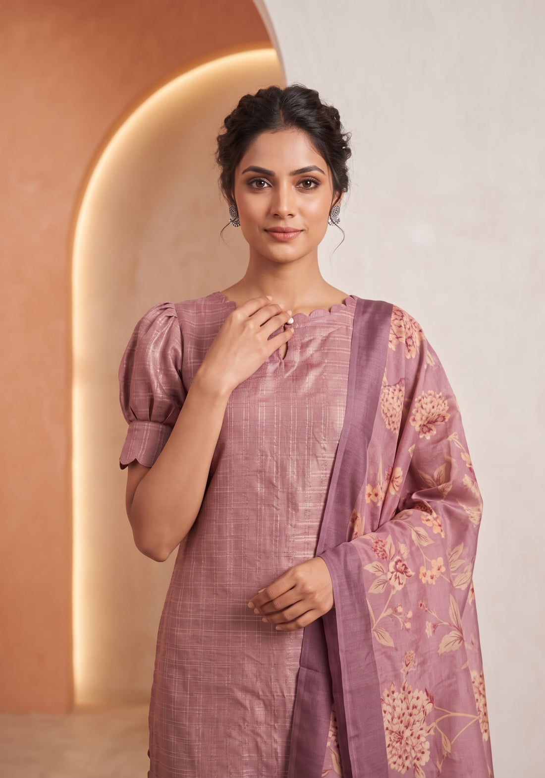 Dusky Pink Satin Daman 3 Piece Silk Check Blend Floral Printed Kurta with Pant &amp; Dupatta