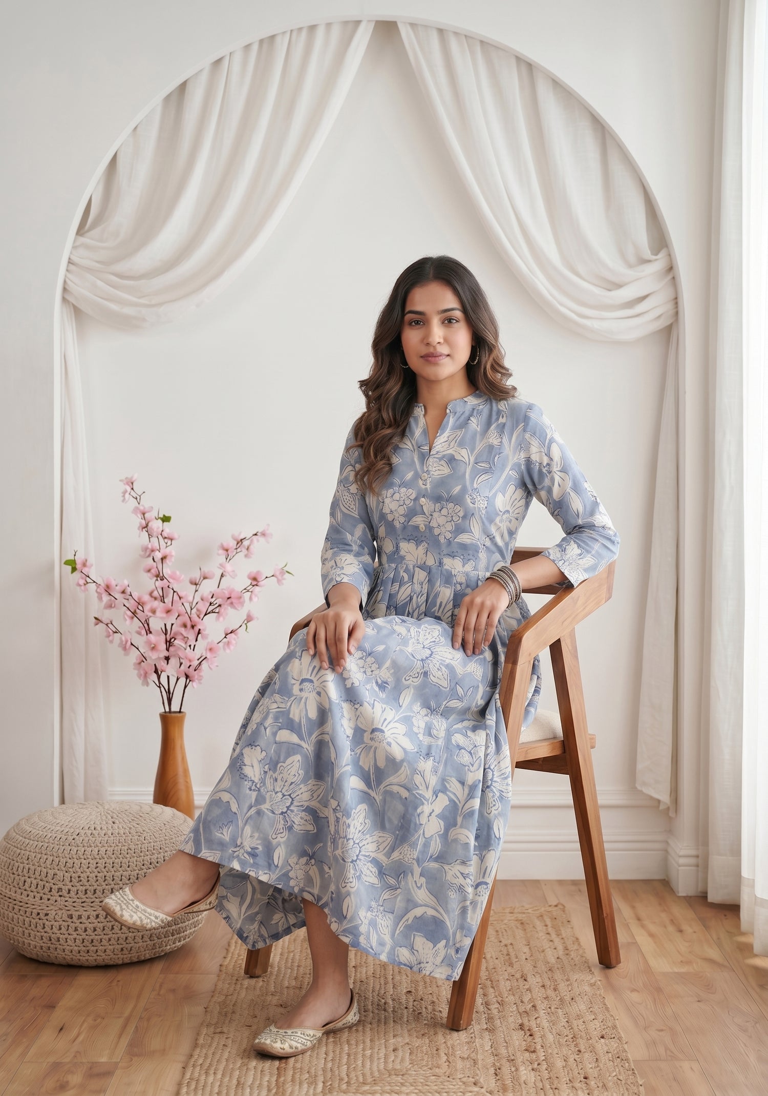 Classic Delight Blue Printed Maternity and Feeding Dress